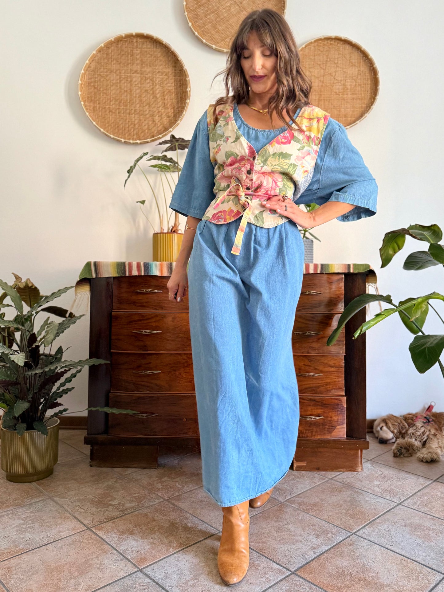 1990's vintage light wash denim maxi dress with built in patchwork floral vest