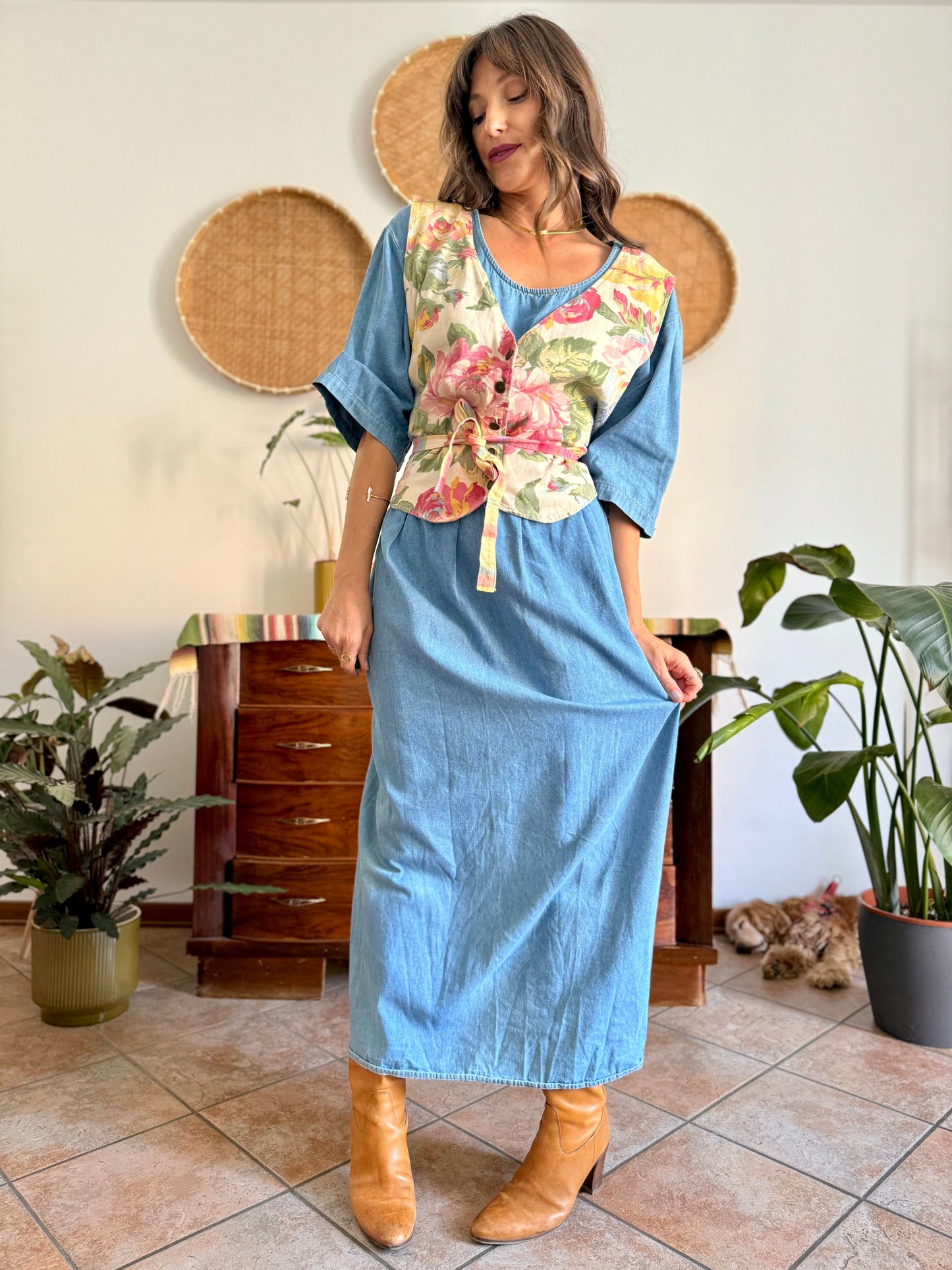 1990's vintage light wash denim maxi dress with built in patchwork floral vest