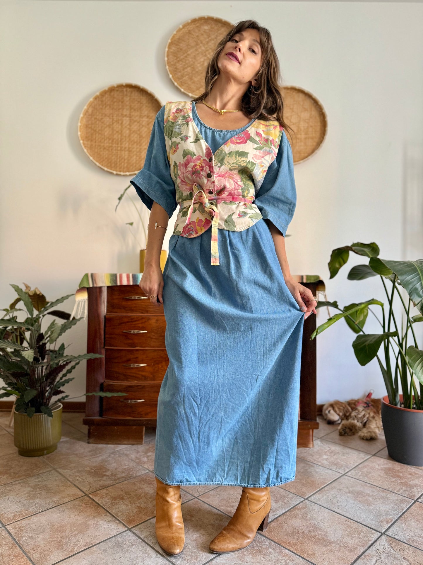 1990's vintage light wash denim maxi dress with built in patchwork floral vest