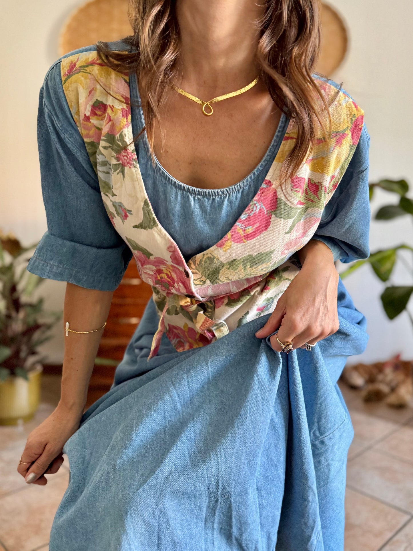 1990's vintage light wash denim maxi dress with built in patchwork floral vest