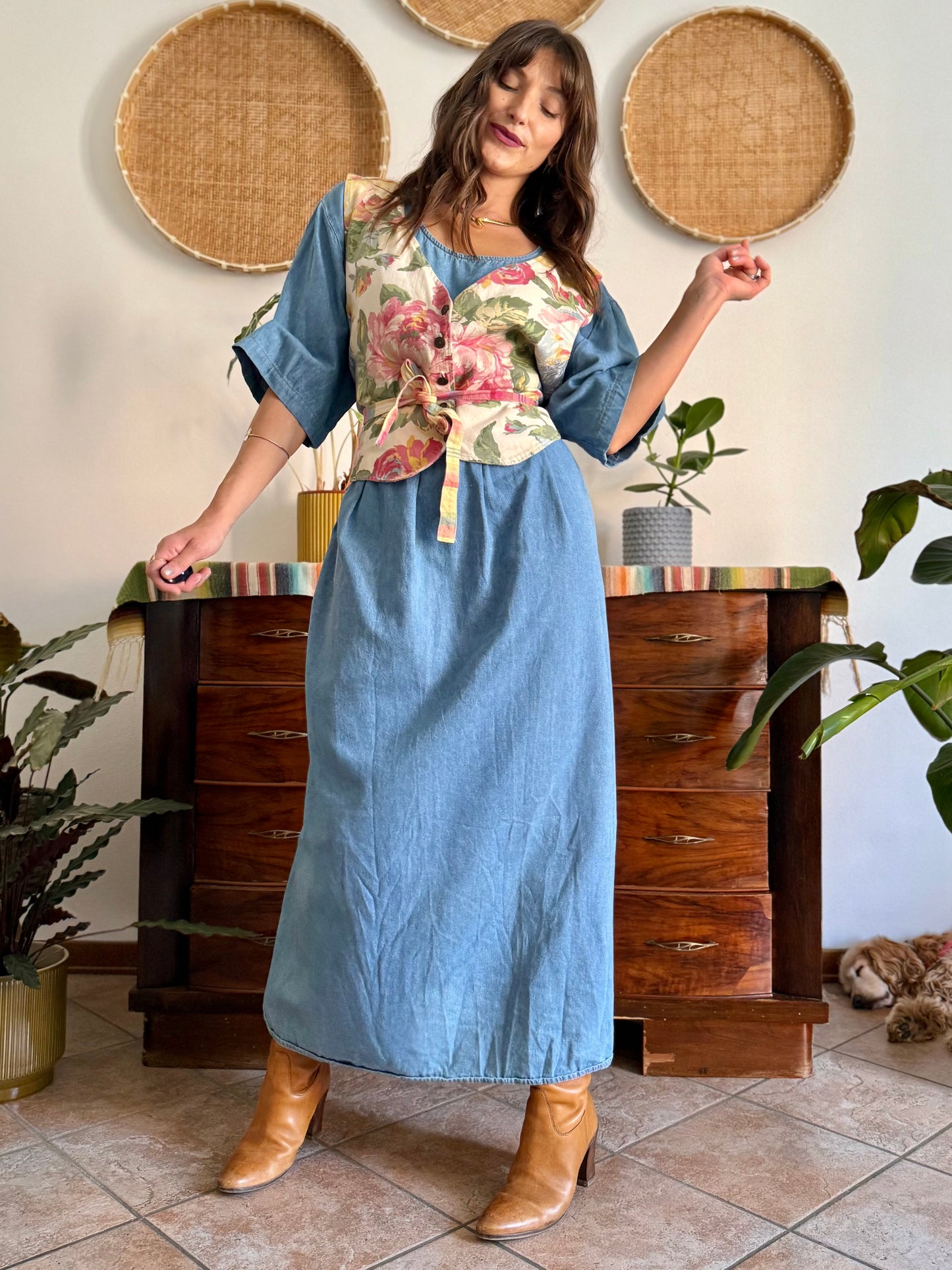 1990's vintage light wash denim maxi dress with built in patchwork floral vest