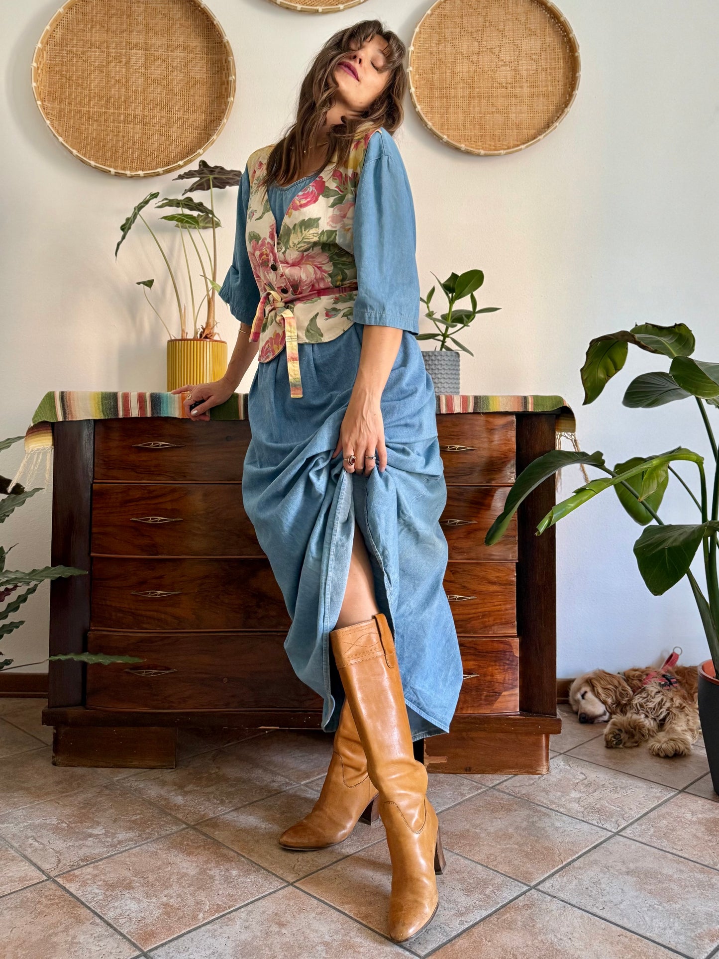 1990's vintage light wash denim maxi dress with built in patchwork floral vest
