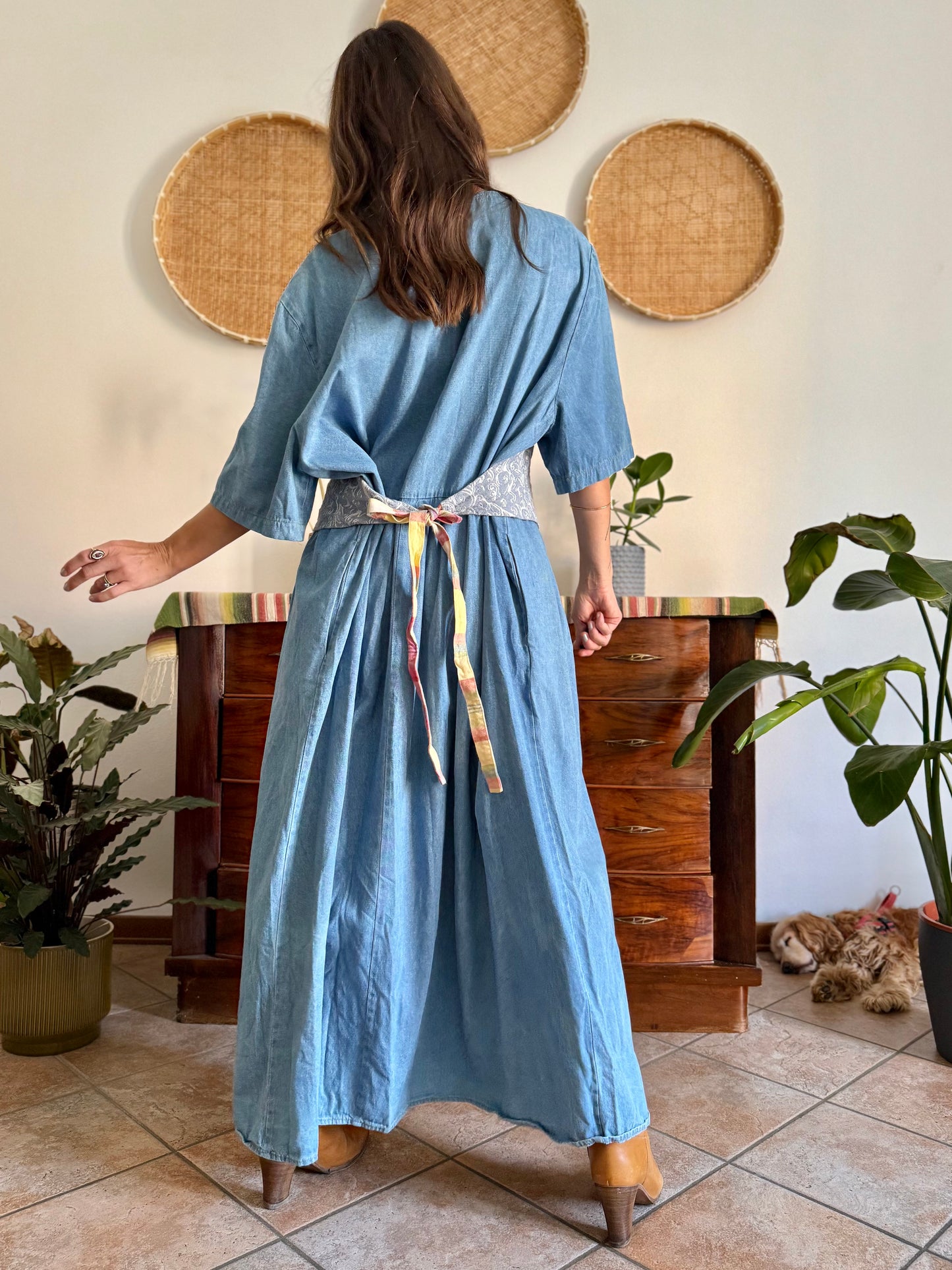 1990's vintage light wash denim maxi dress with built in patchwork floral vest