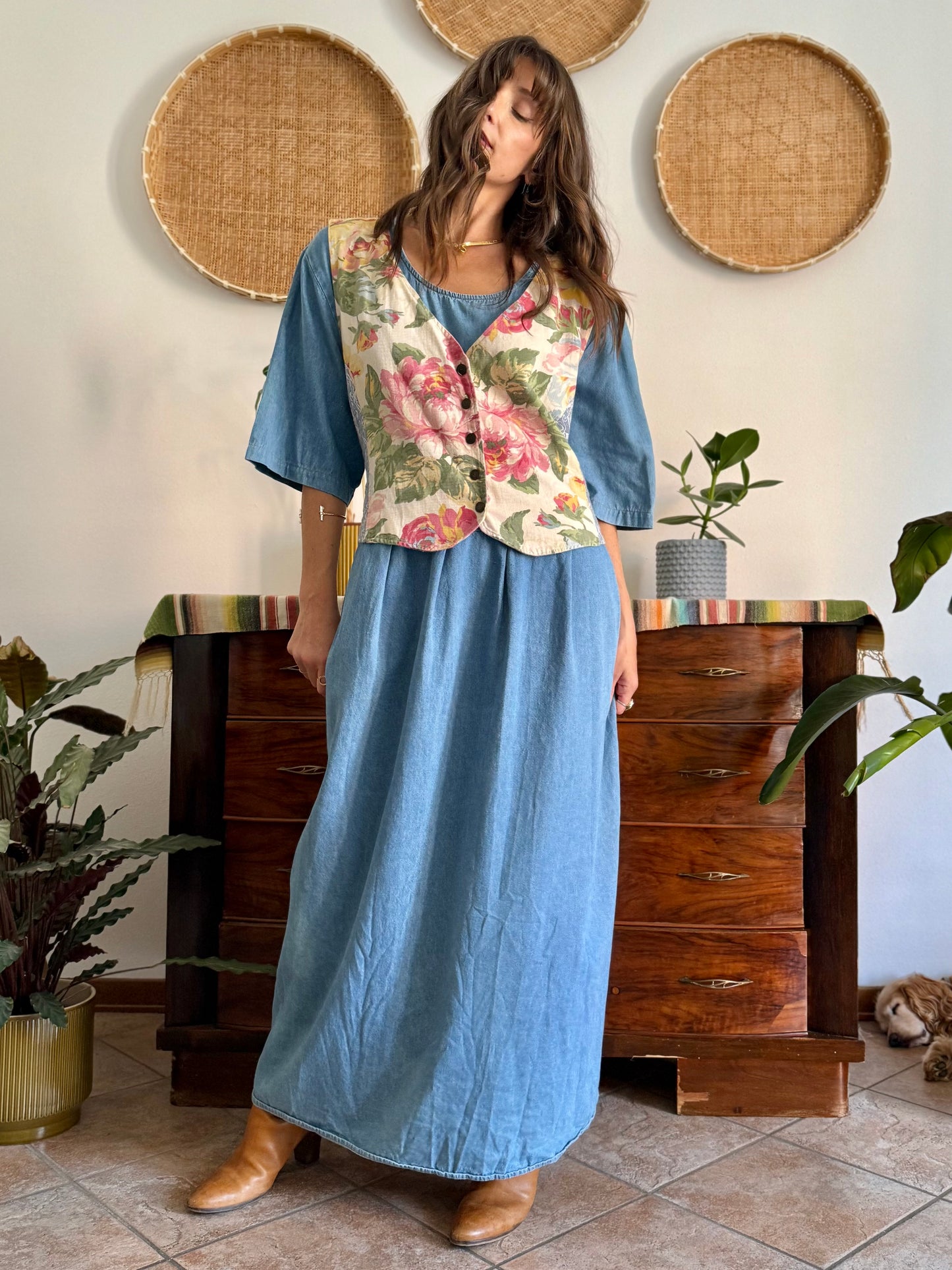 1990's vintage light wash denim maxi dress with built in patchwork floral vest
