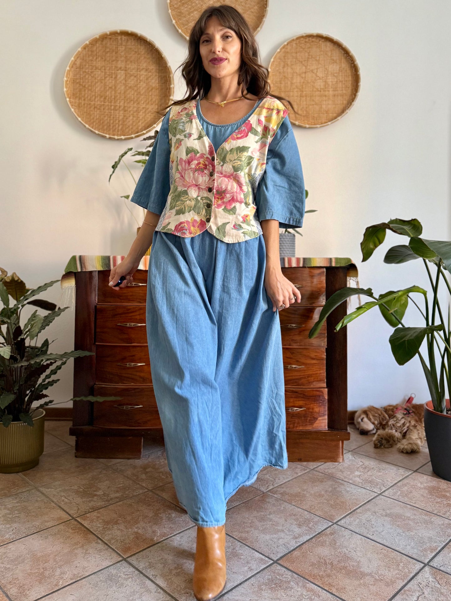 1990's vintage light wash denim maxi dress with built in patchwork floral vest