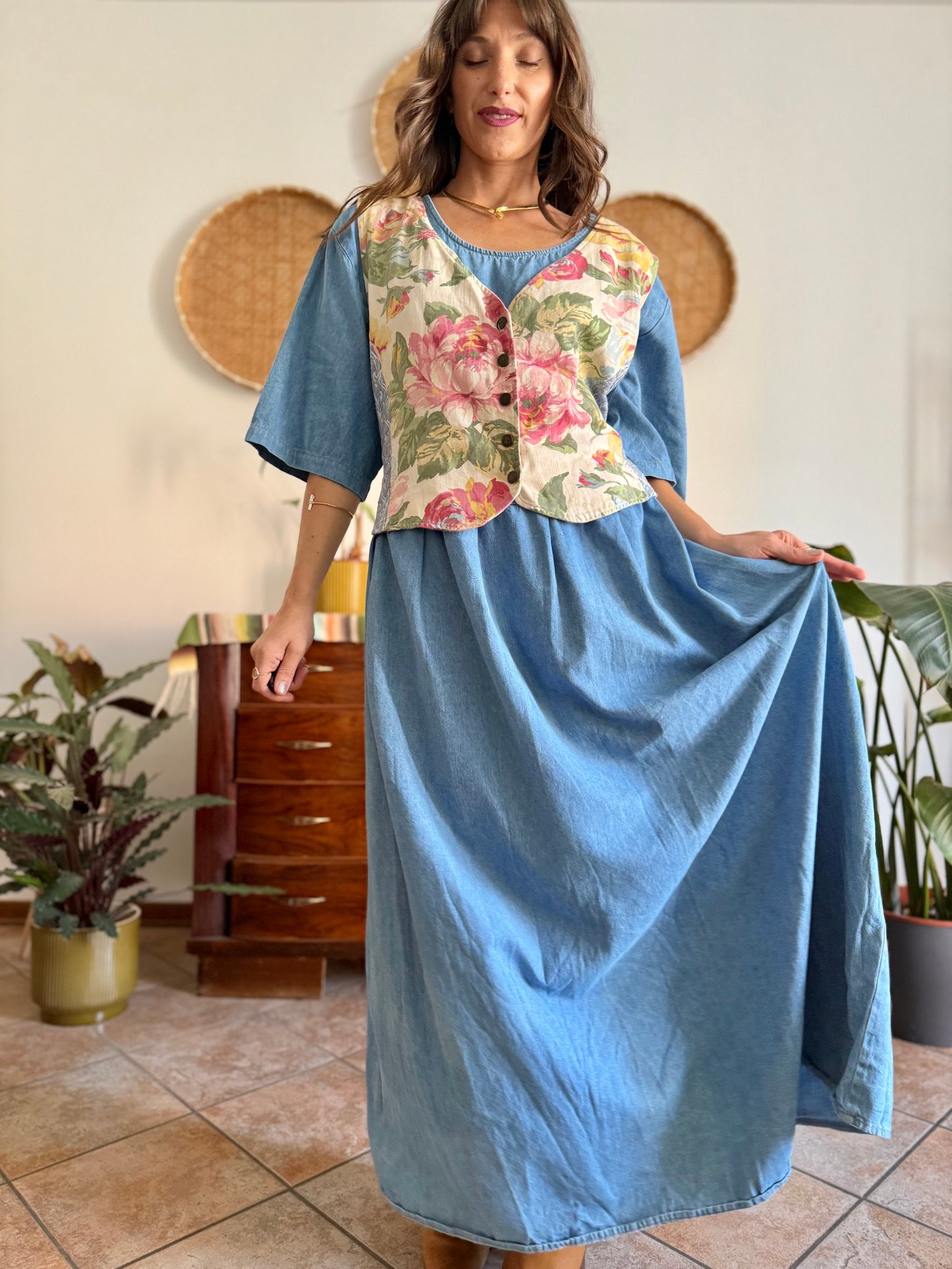 1990's vintage light wash denim maxi dress with built in patchwork floral vest