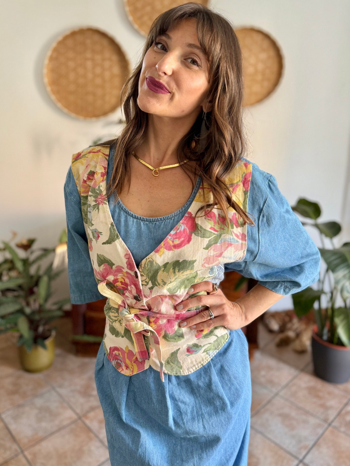 1990's vintage light wash denim maxi dress with built in patchwork floral vest