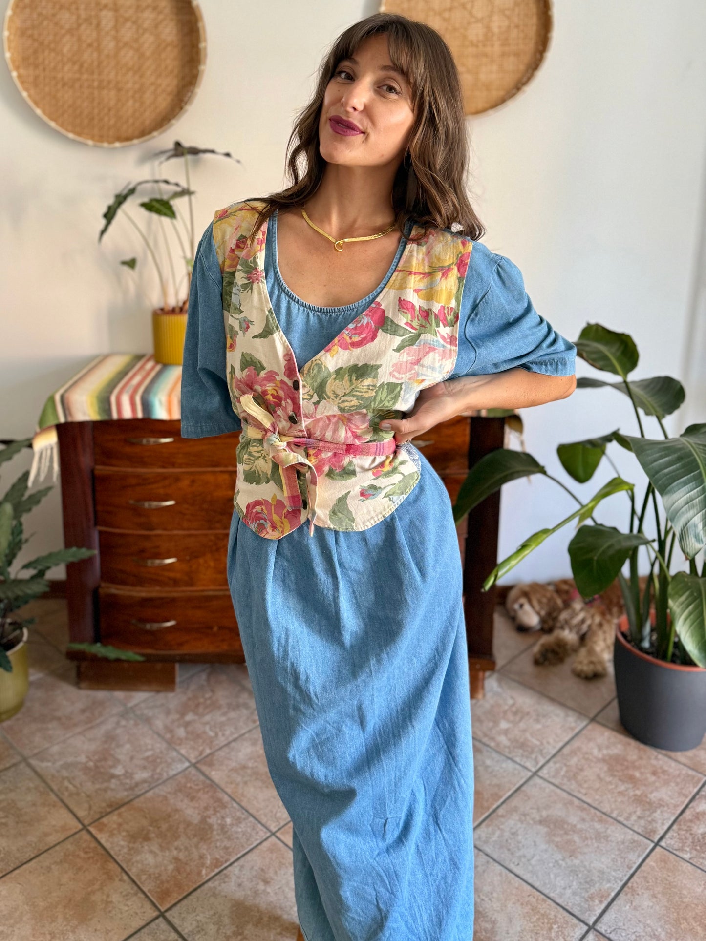 1990's vintage light wash denim maxi dress with built in patchwork floral vest