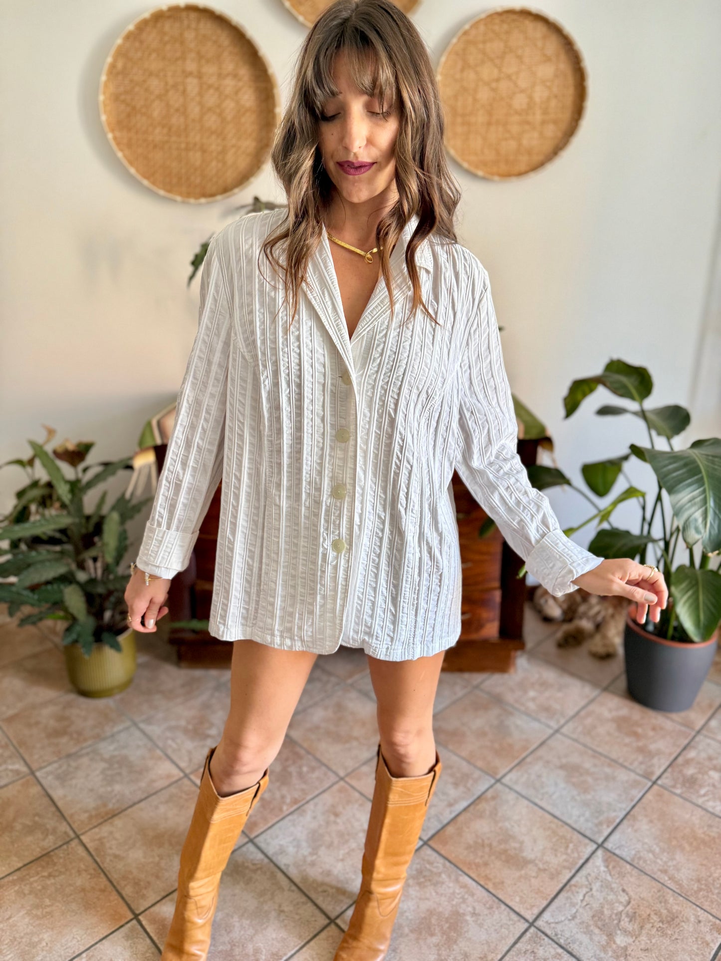 1990's vintage white textured stripe blazer mini dress