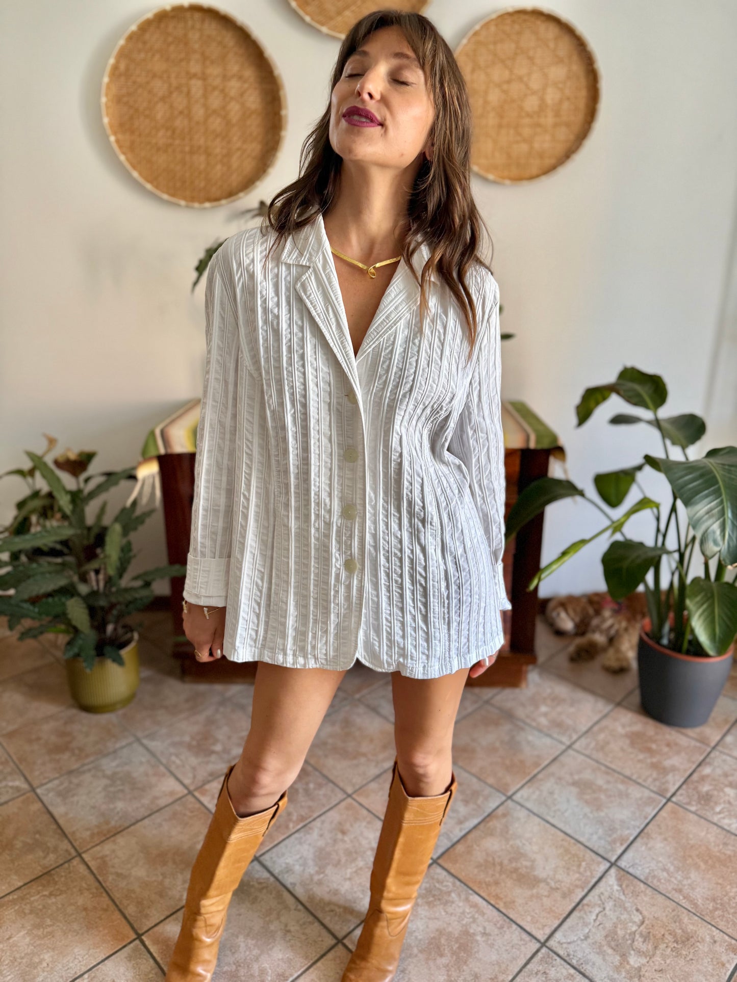 1990's vintage white textured stripe blazer mini dress
