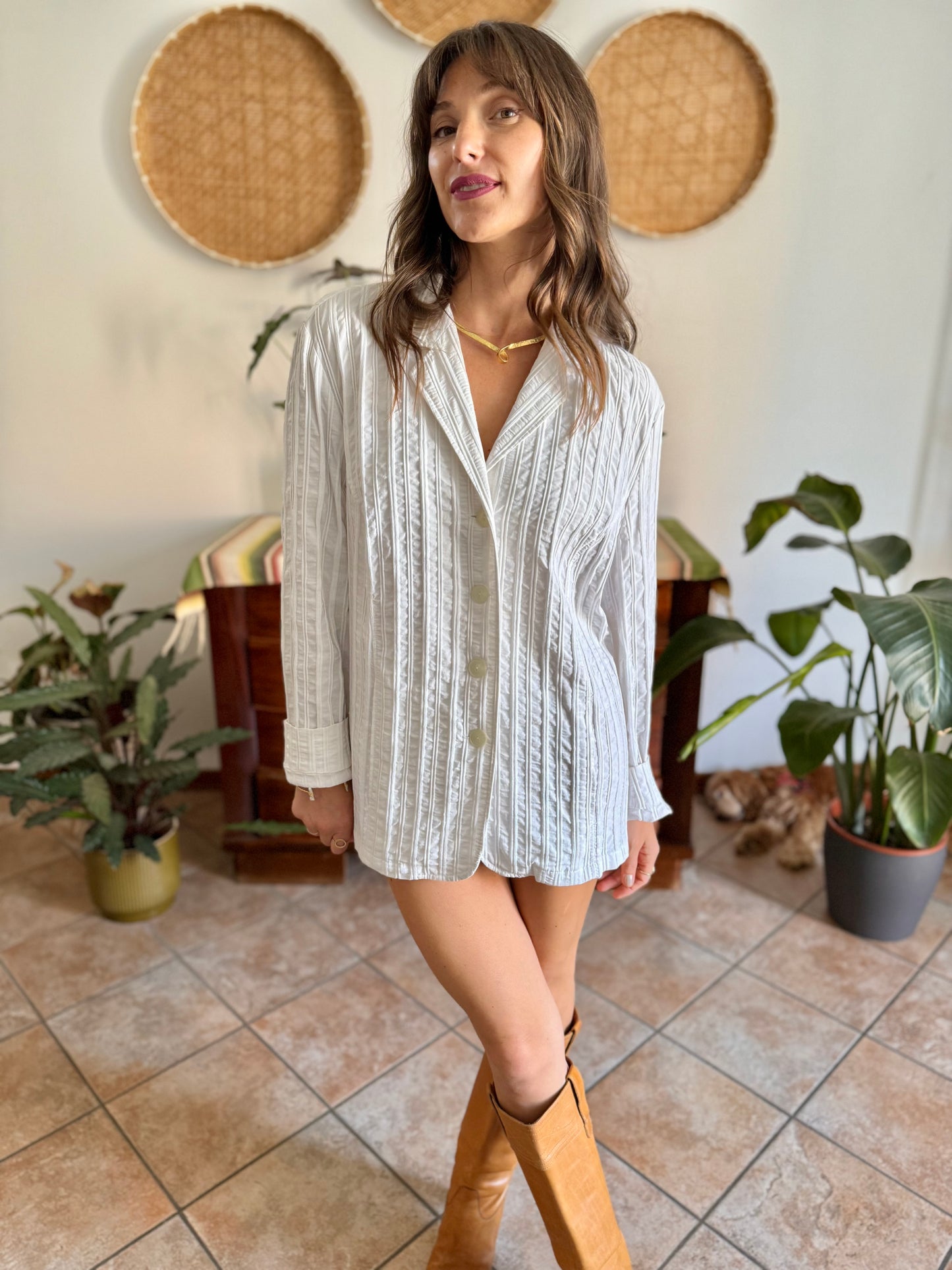 1990's vintage white textured stripe blazer mini dress