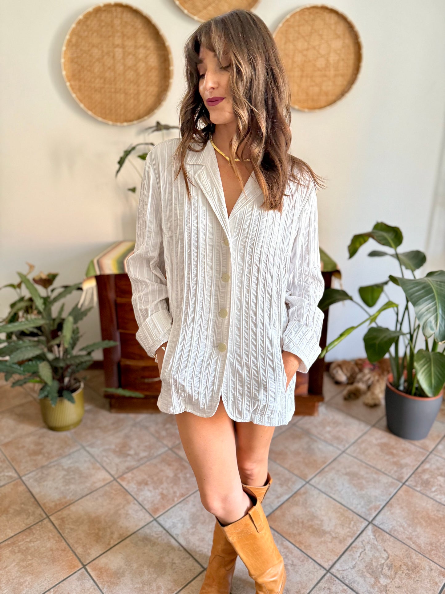1990's vintage white textured stripe blazer mini dress