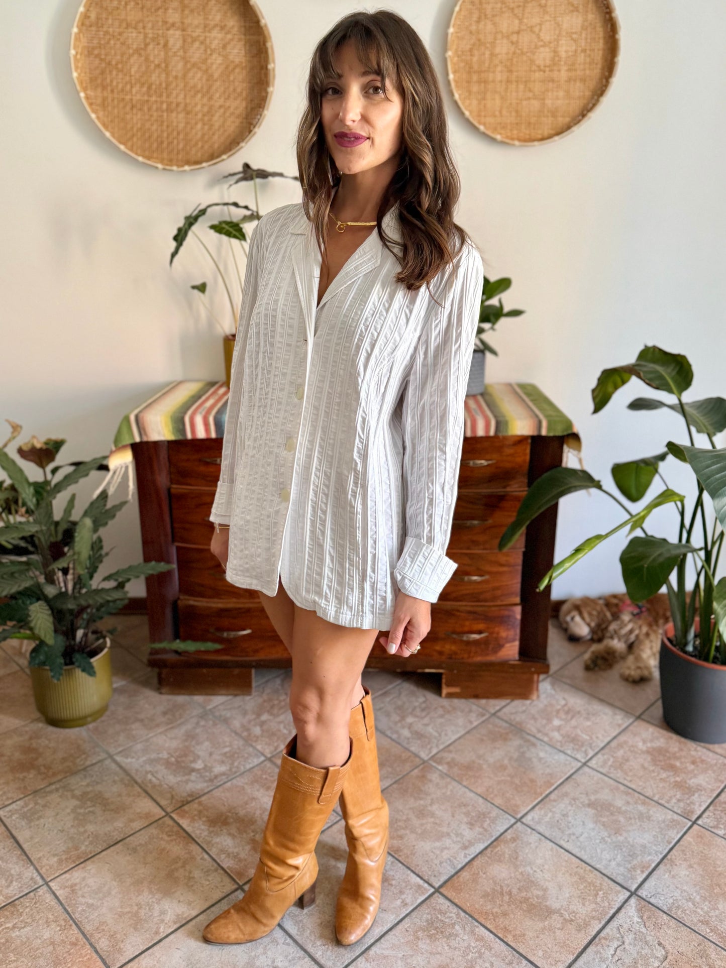 1990's vintage white textured stripe blazer mini dress