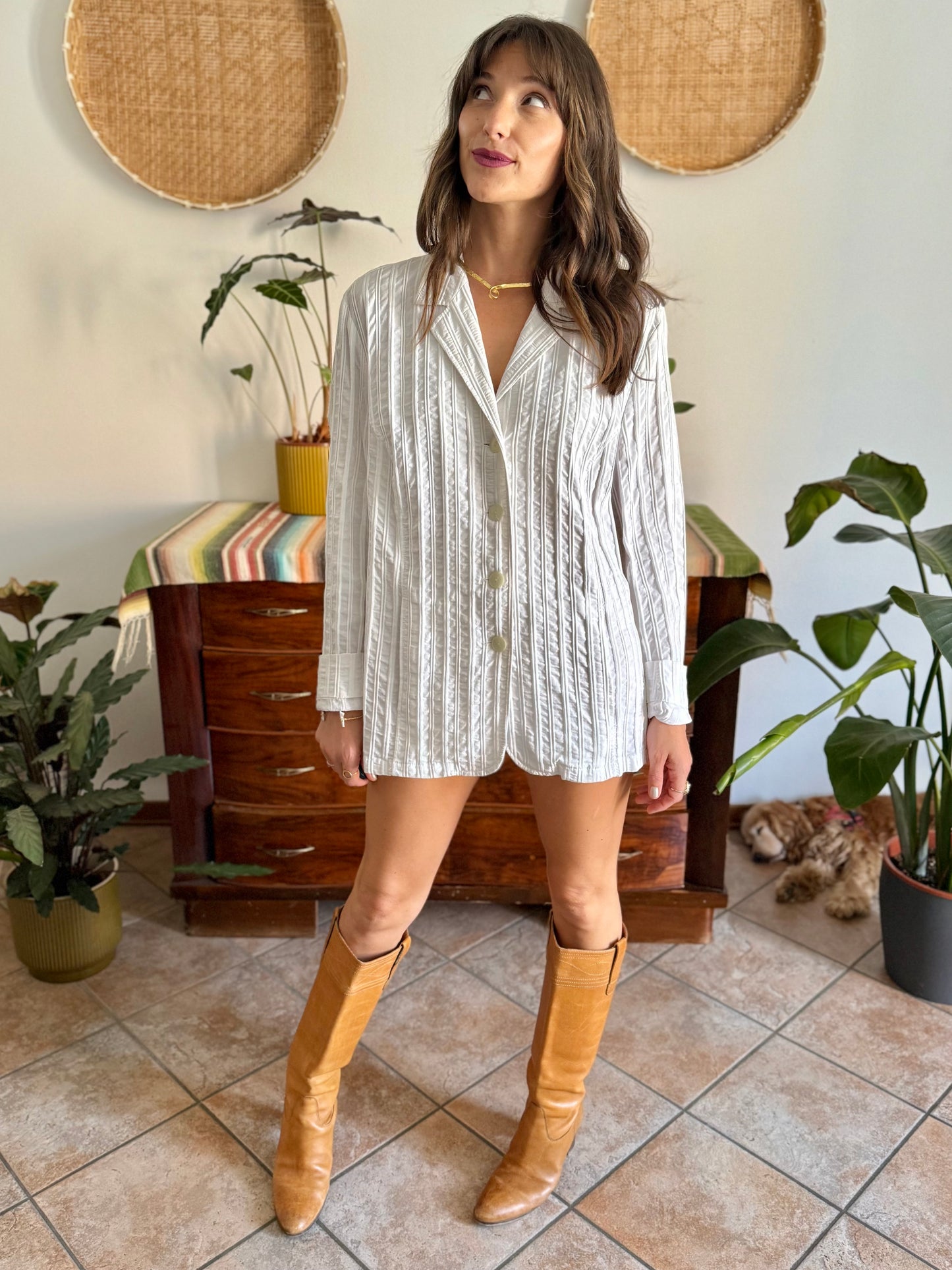 1990's vintage white textured stripe blazer mini dress