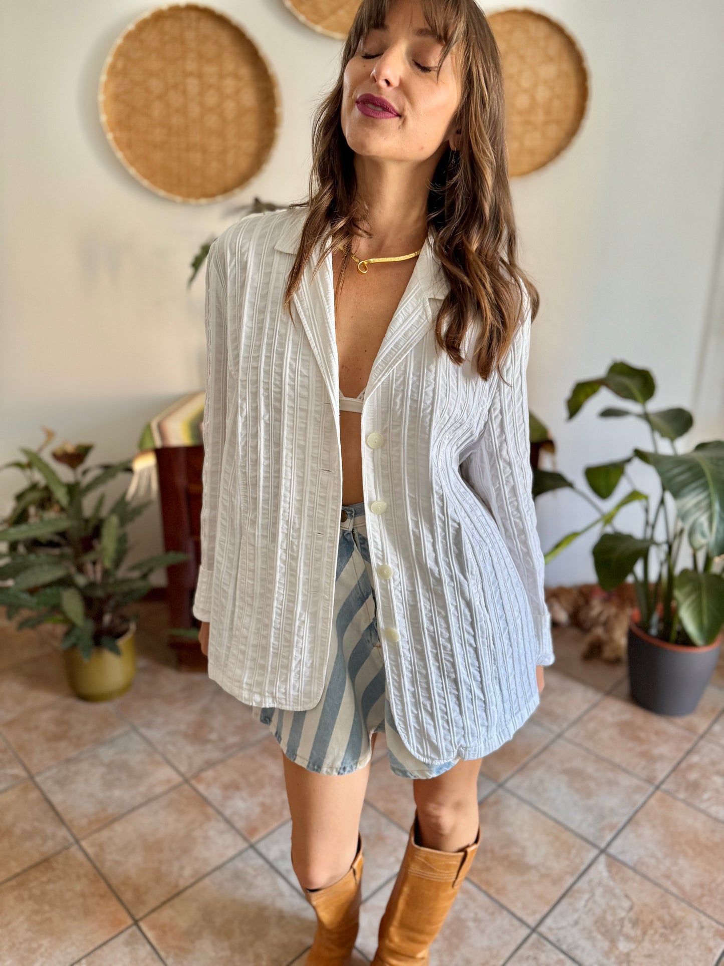 1990's vintage white textured stripe blazer mini dress