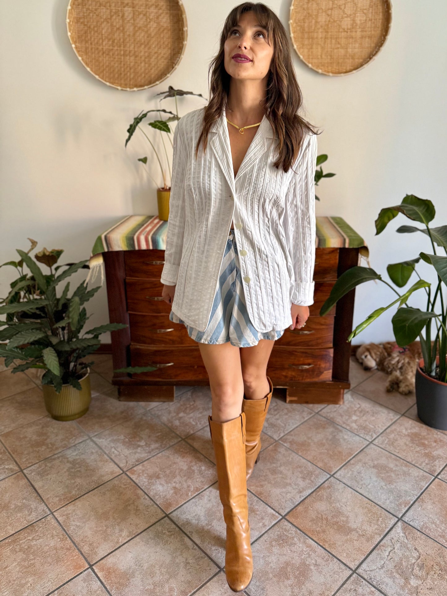 1990's vintage white textured stripe blazer mini dress