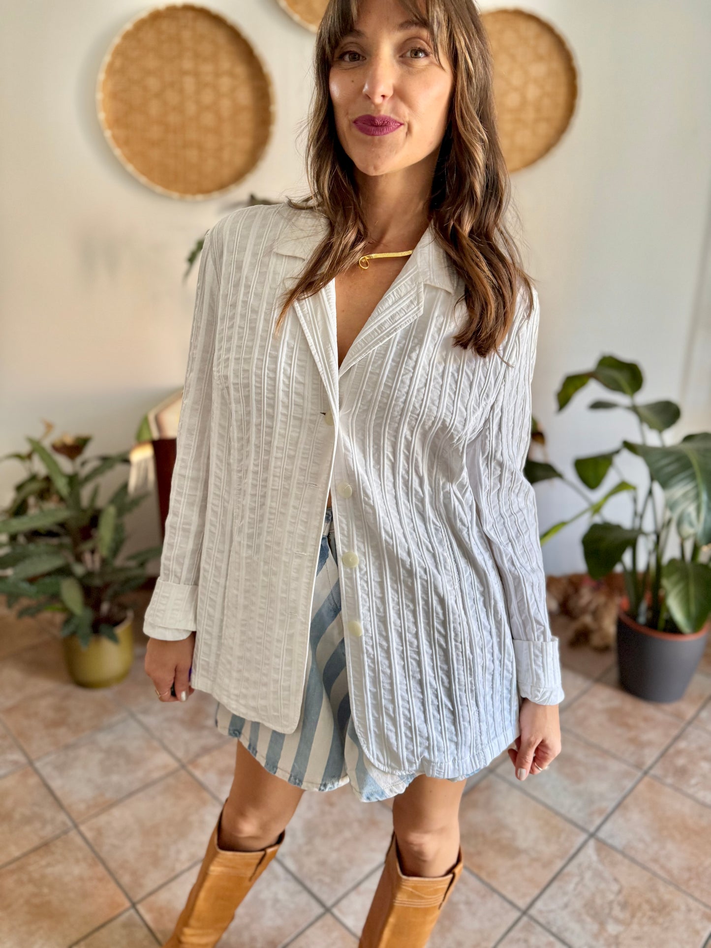 1990's vintage white textured stripe blazer mini dress