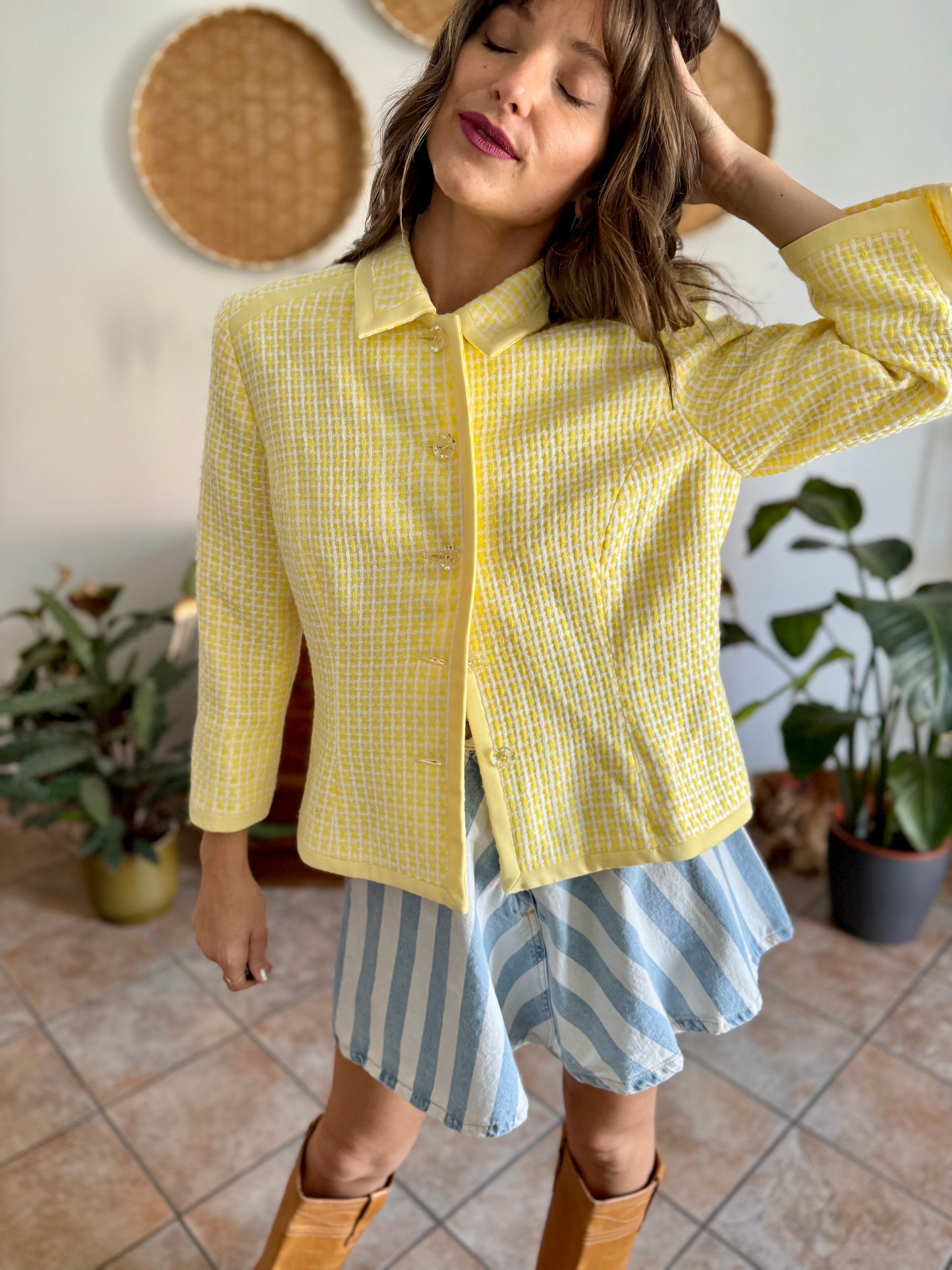 1990's vintage yellow and white tweed knit blazer with faux crystal buttons