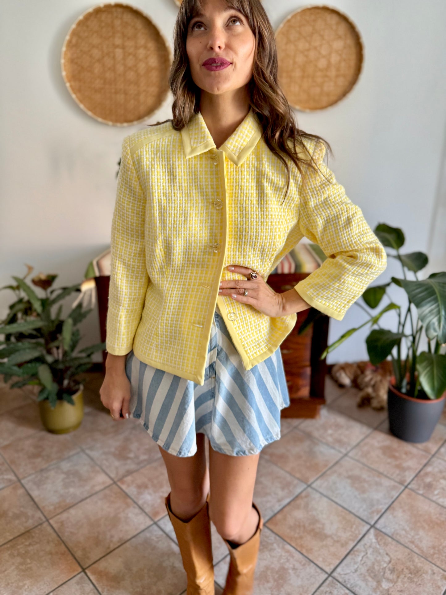1990's vintage yellow and white tweed knit blazer with faux crystal buttons