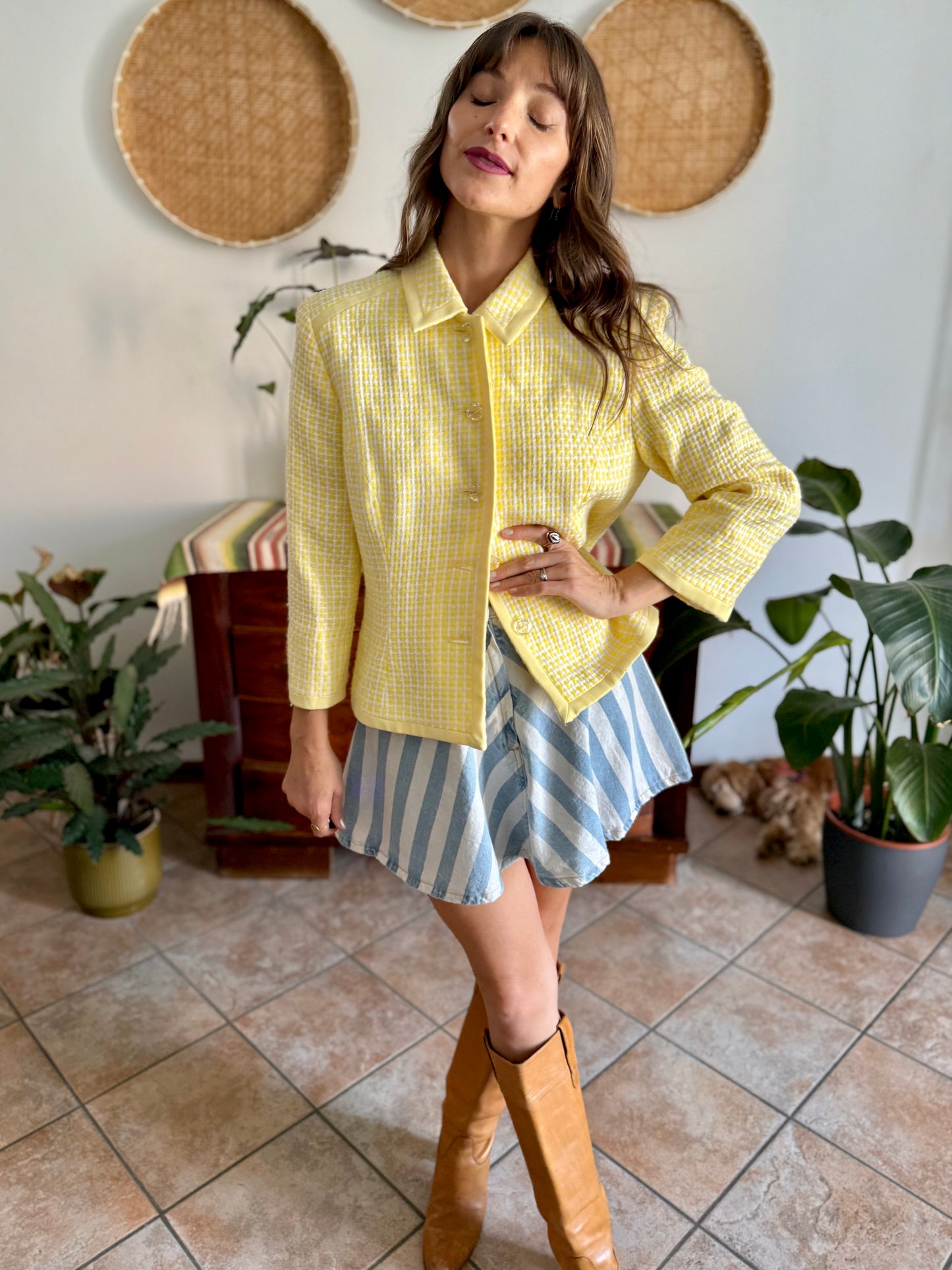 1990's vintage yellow and white tweed knit blazer with faux crystal buttons