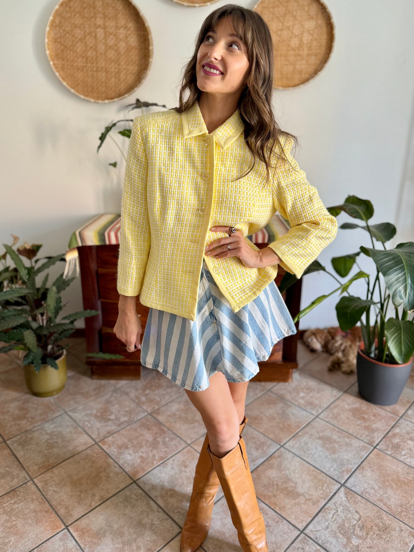 1990's vintage yellow and white tweed knit blazer with faux crystal buttons