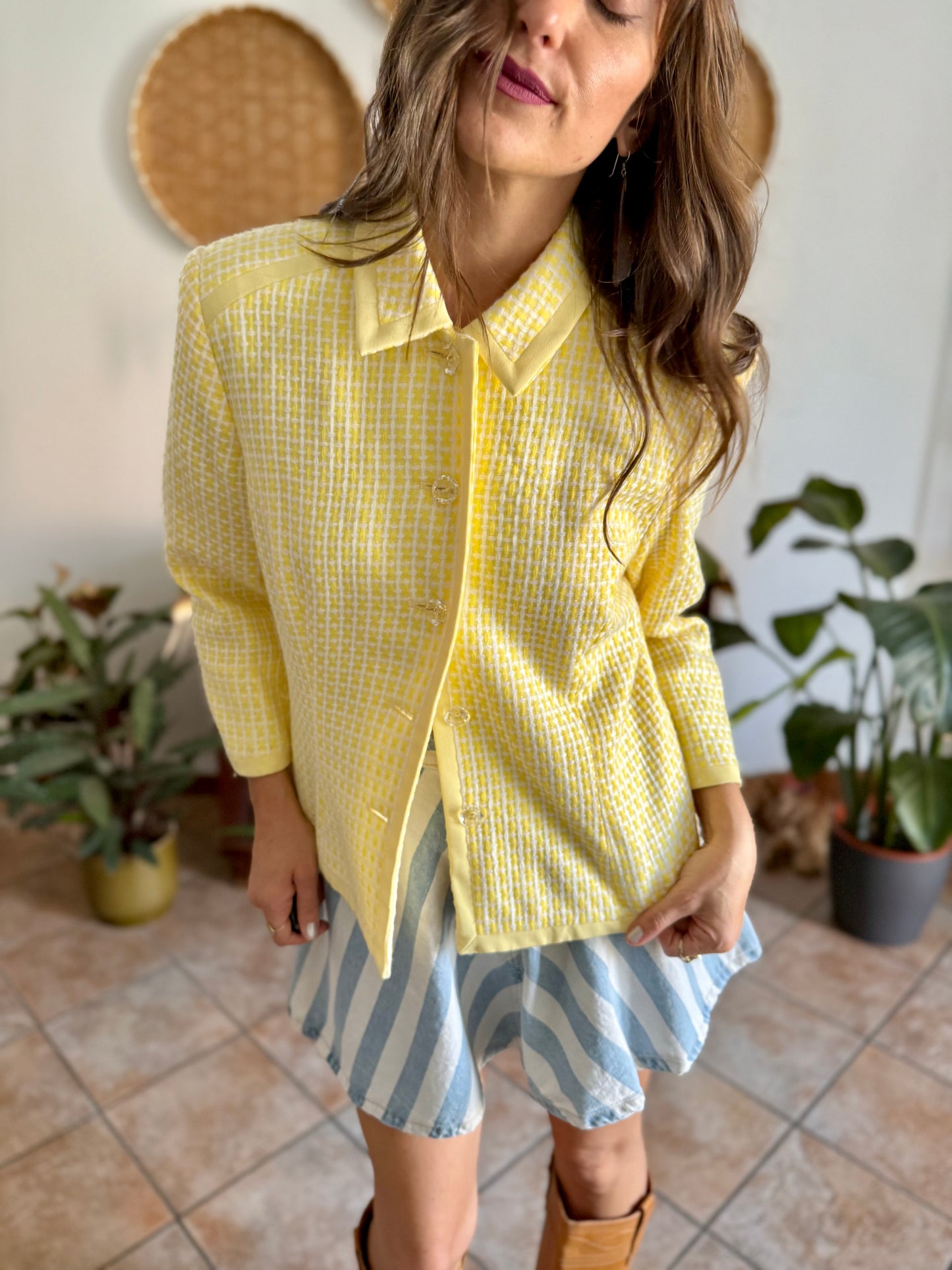 1990's vintage yellow and white tweed knit blazer with faux crystal buttons