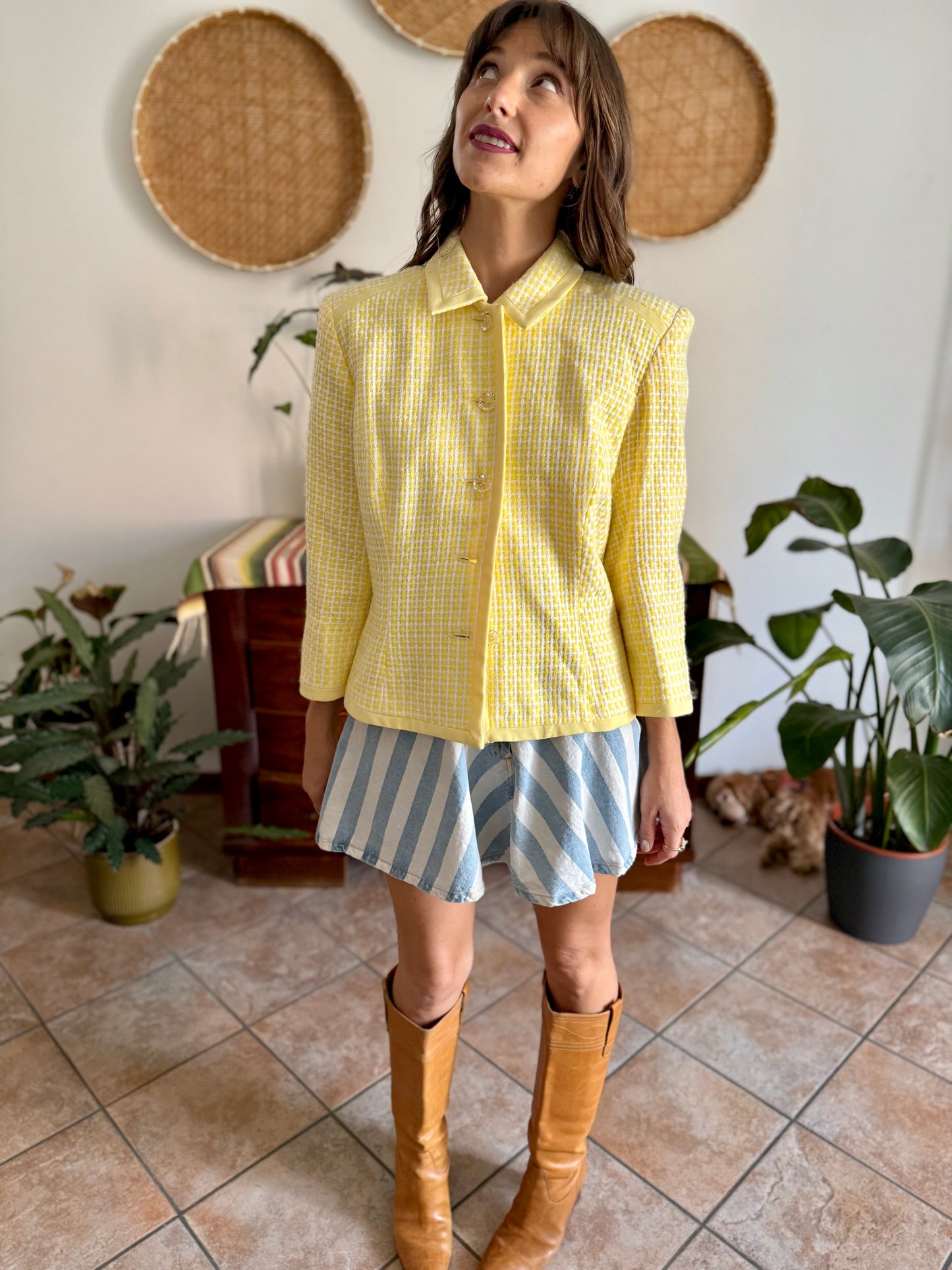 1990's vintage yellow and white tweed knit blazer with faux crystal buttons