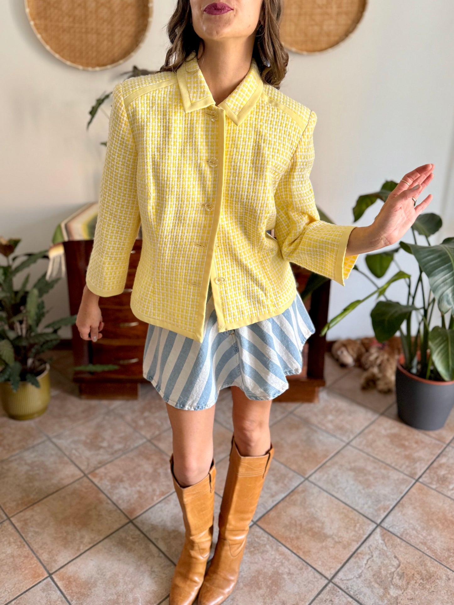 1990's vintage yellow and white tweed knit blazer with faux crystal buttons