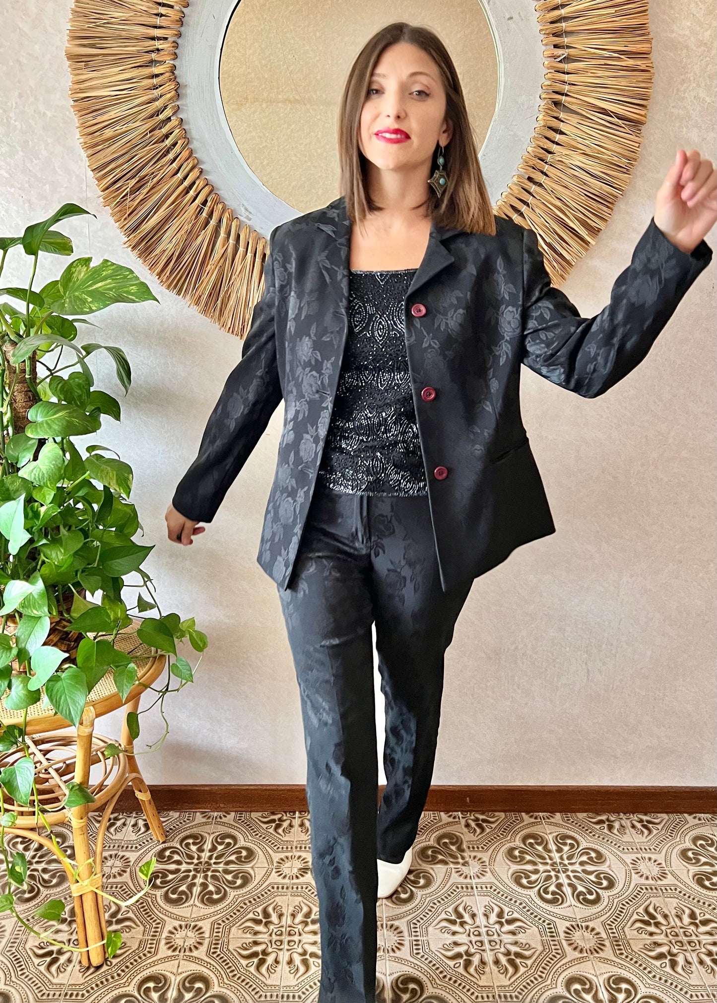 1990's vintage black floral pant suit