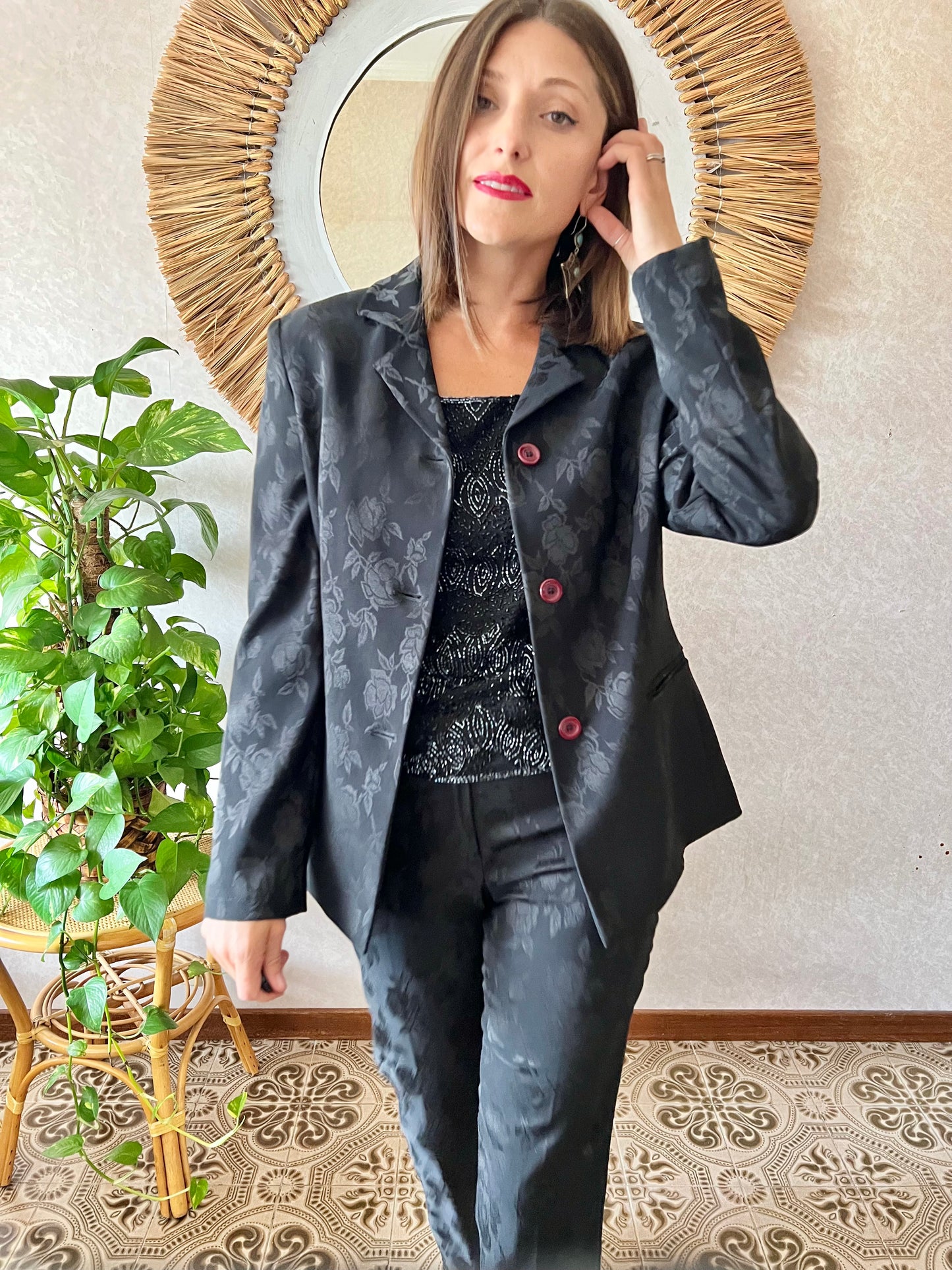 1990's vintage black floral pant suit