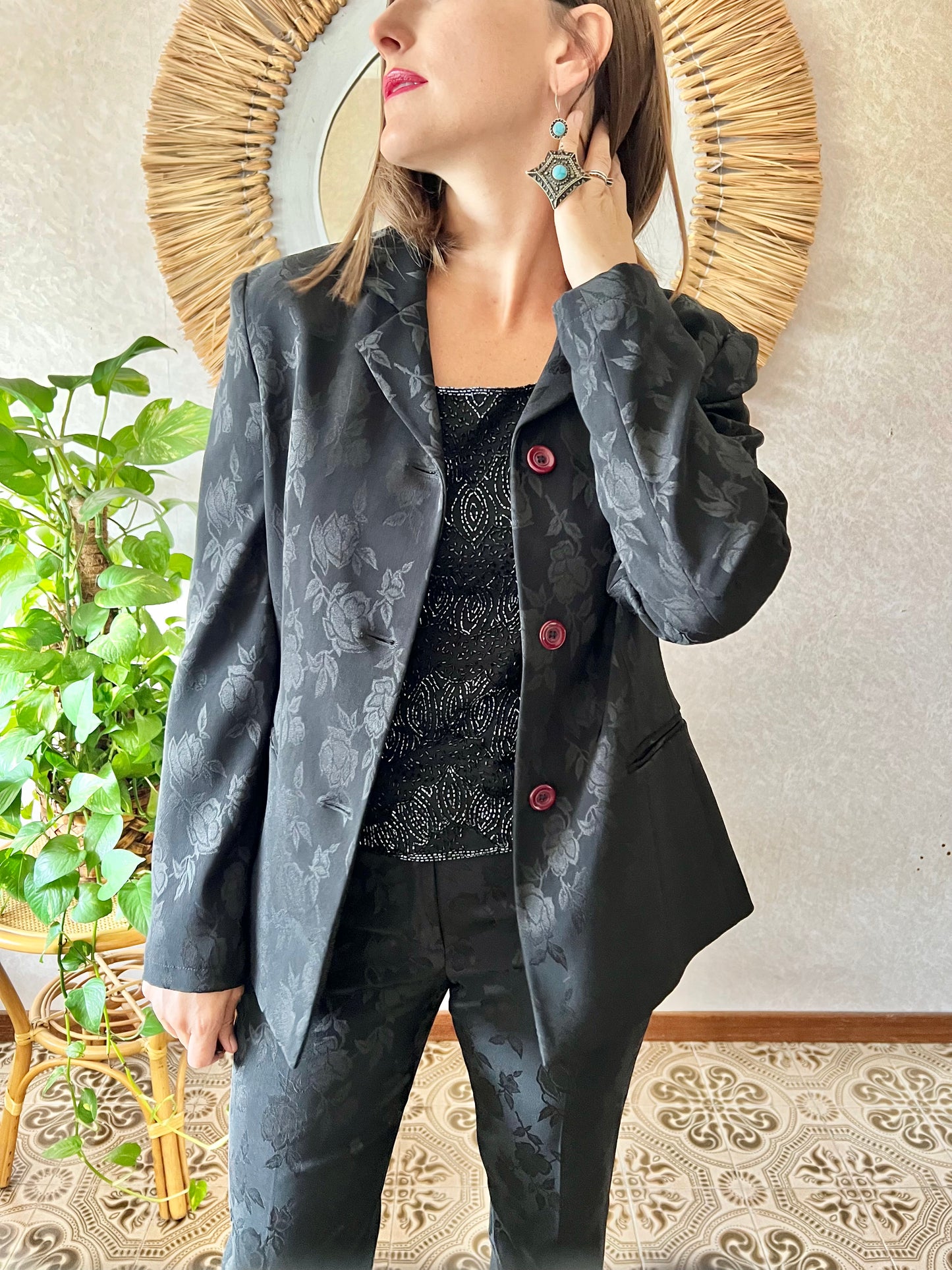 1990's vintage black floral pant suit