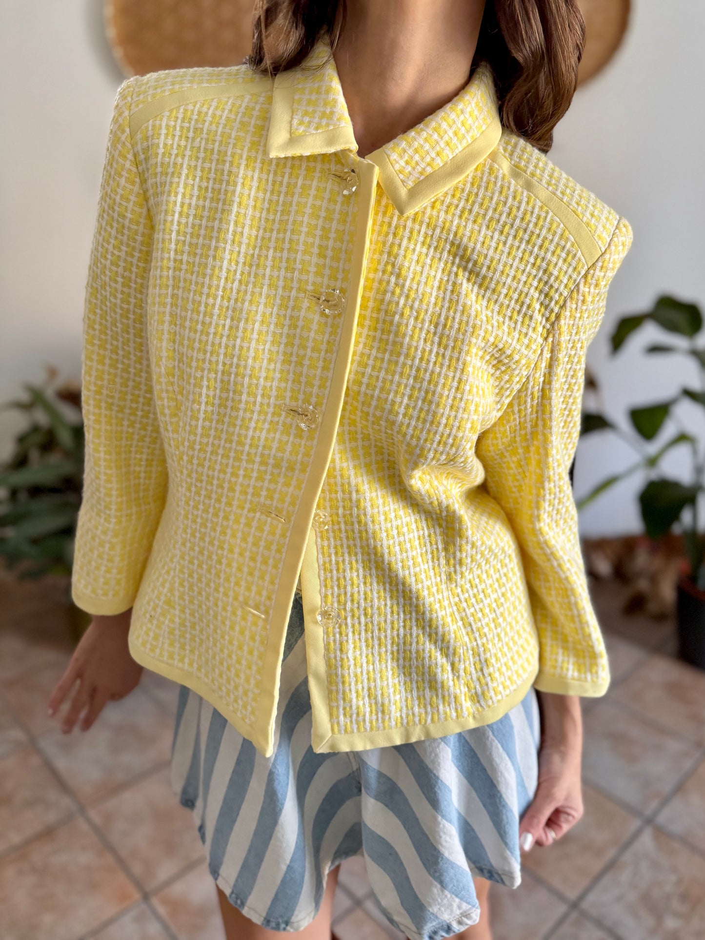 1990's vintage yellow and white tweed knit blazer with faux crystal buttons