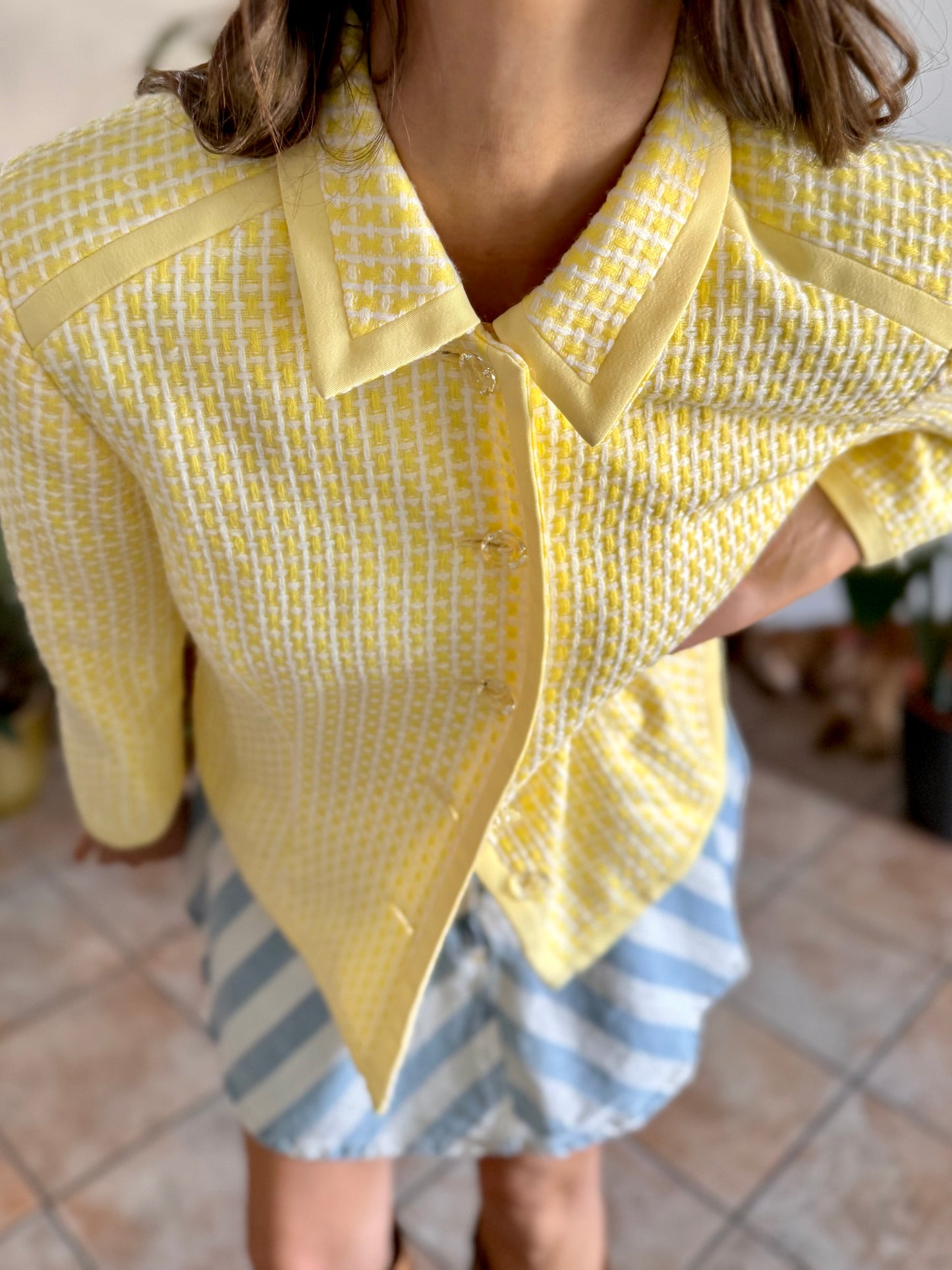 1990's vintage yellow and white tweed knit blazer with faux crystal buttons