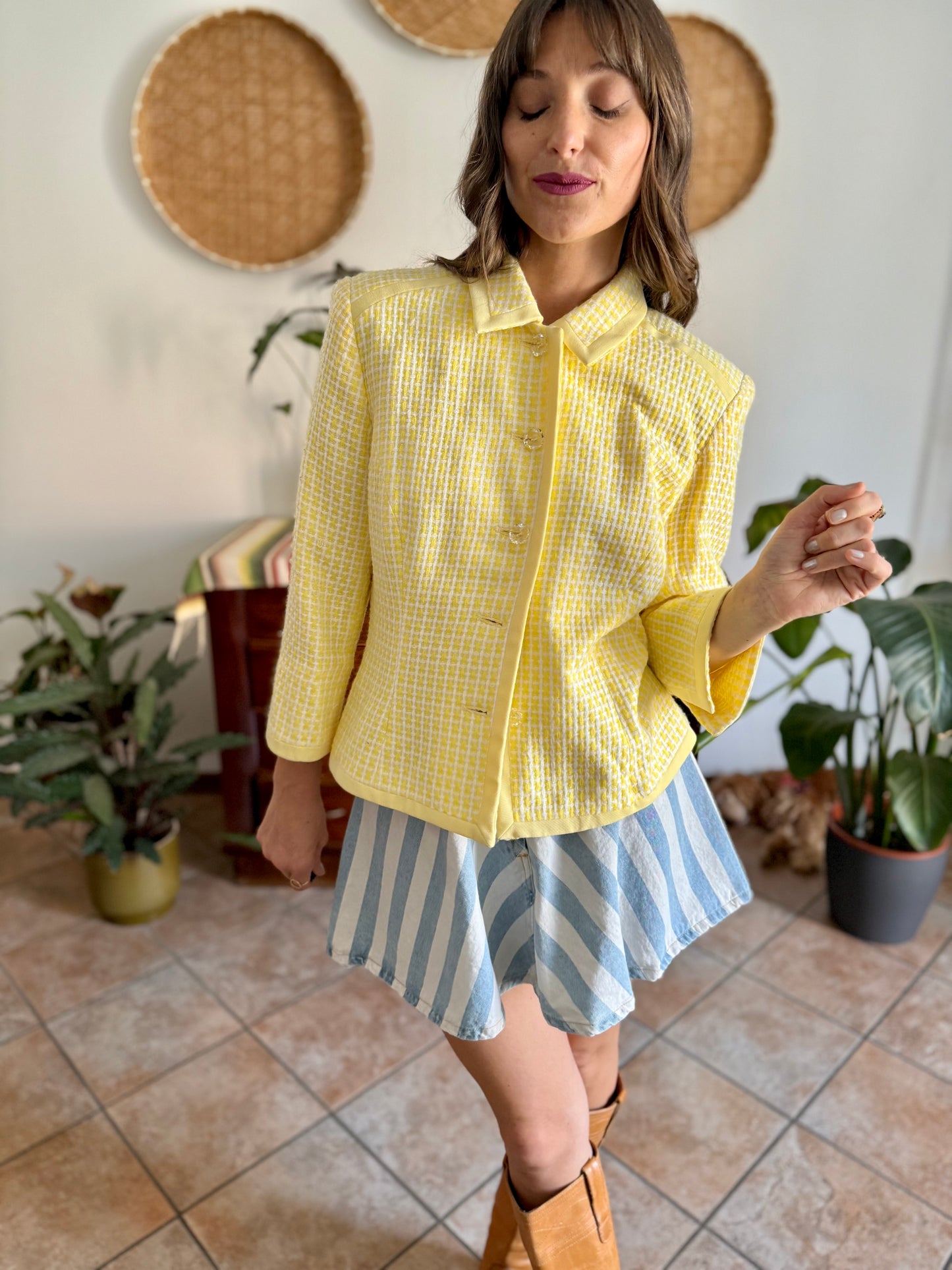 1990's vintage yellow and white tweed knit blazer with faux crystal buttons