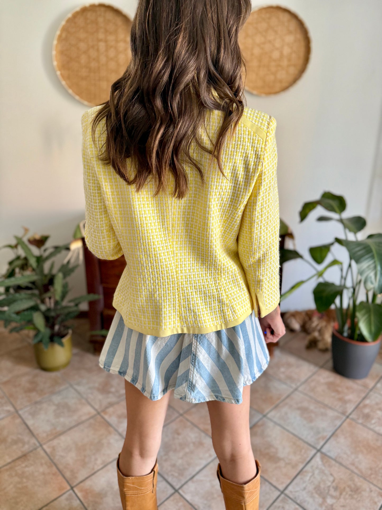 1990's vintage yellow and white tweed knit blazer with faux crystal buttons