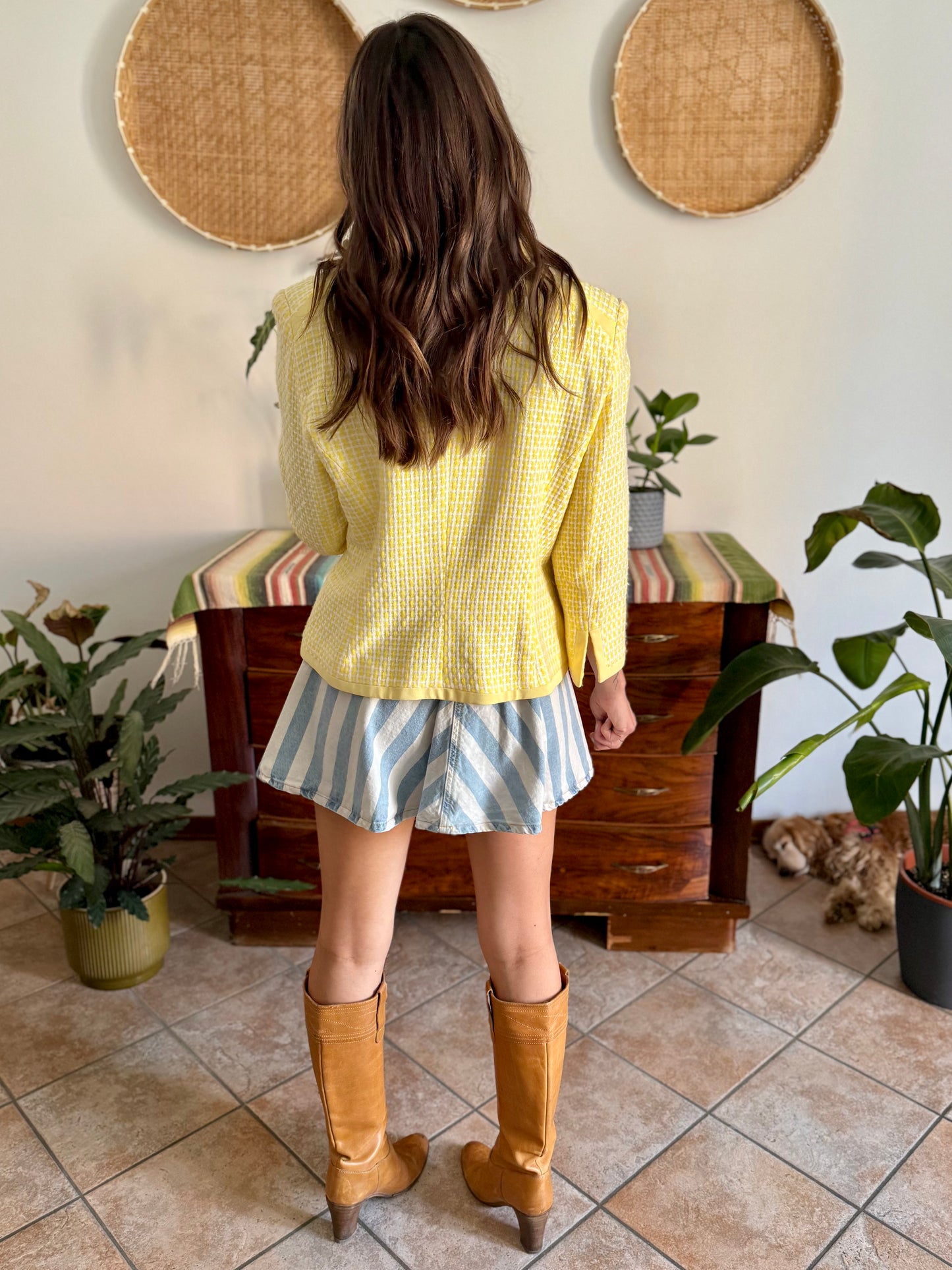 1990's vintage yellow and white tweed knit blazer with faux crystal buttons