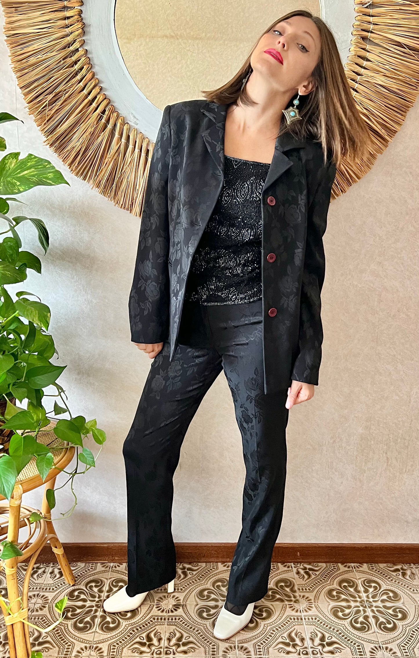 1990's vintage black floral pant suit