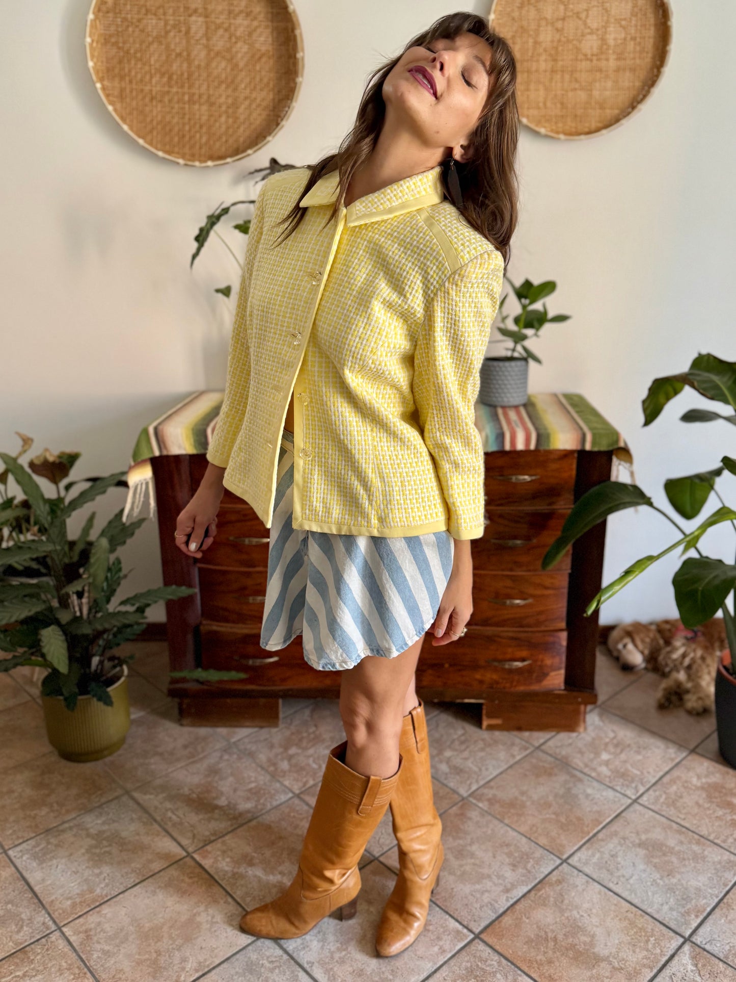 1990's vintage yellow and white tweed knit blazer with faux crystal buttons