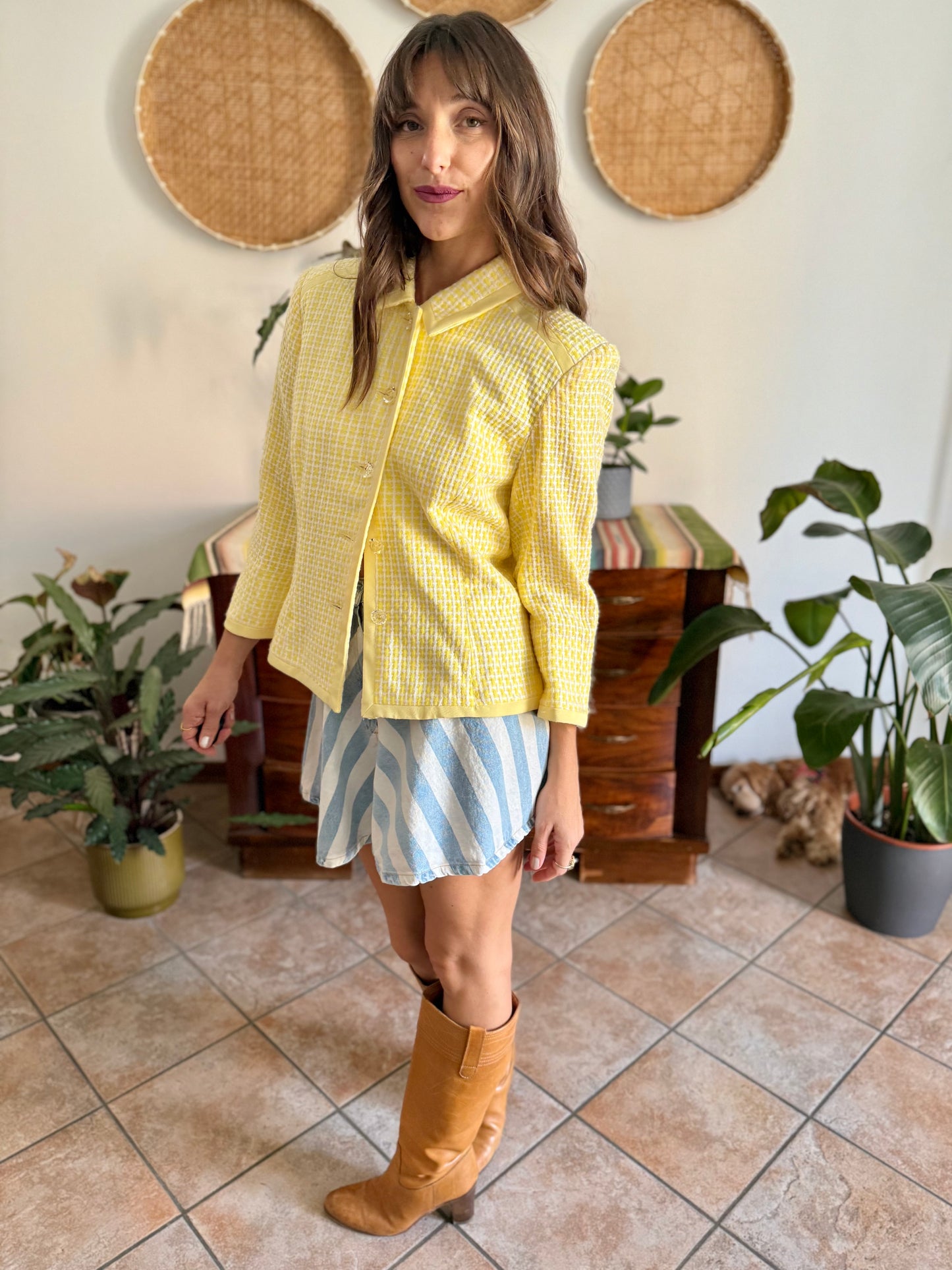 1990's vintage yellow and white tweed knit blazer with faux crystal buttons