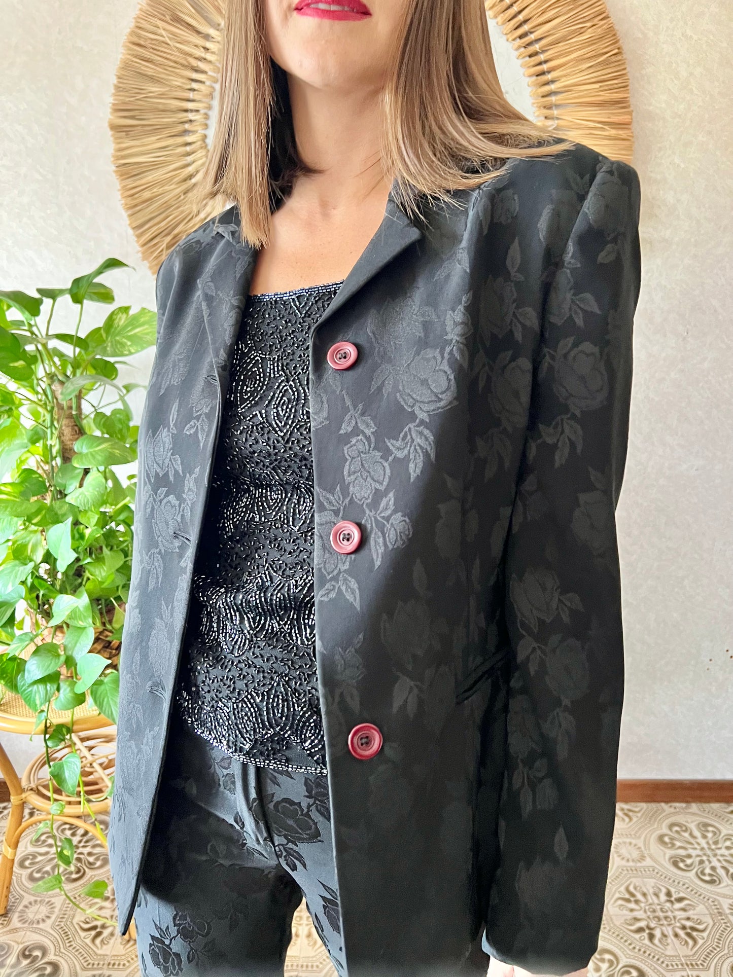 1990's vintage black floral pant suit