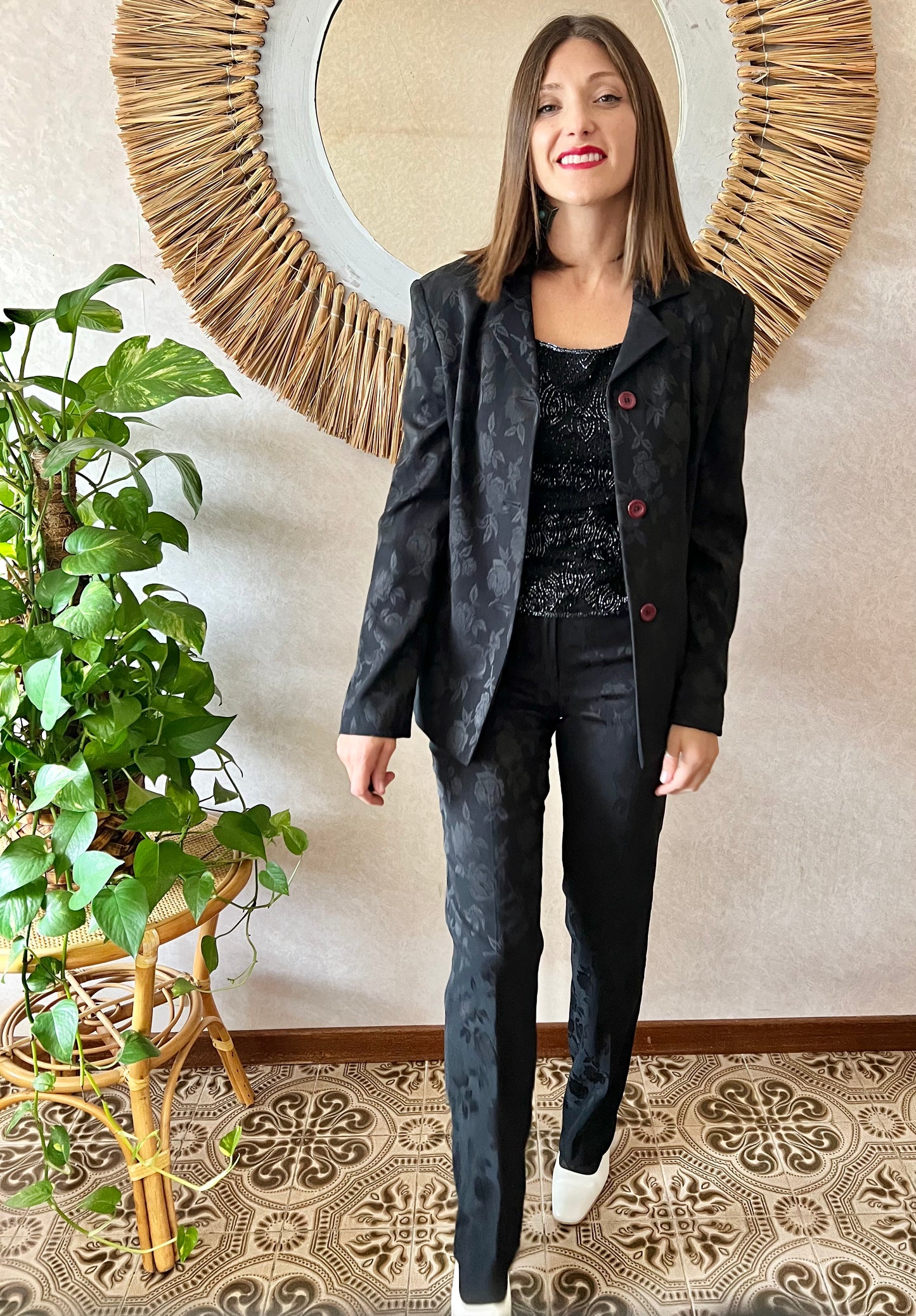 1990's vintage black floral pant suit