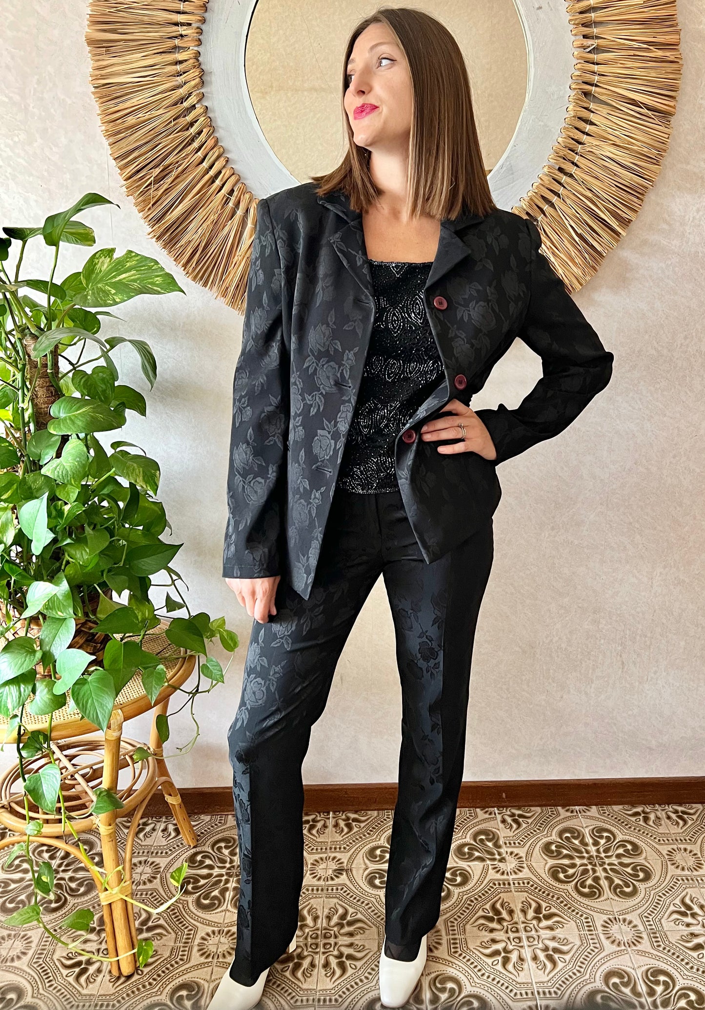 1990's vintage black floral pant suit