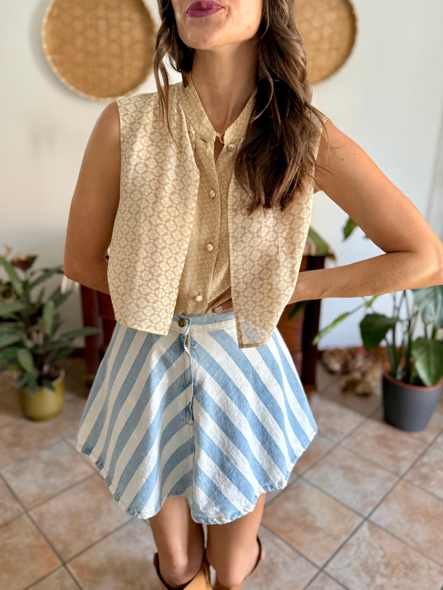 1990's vintage double lay beige and cream silk floral print blouse