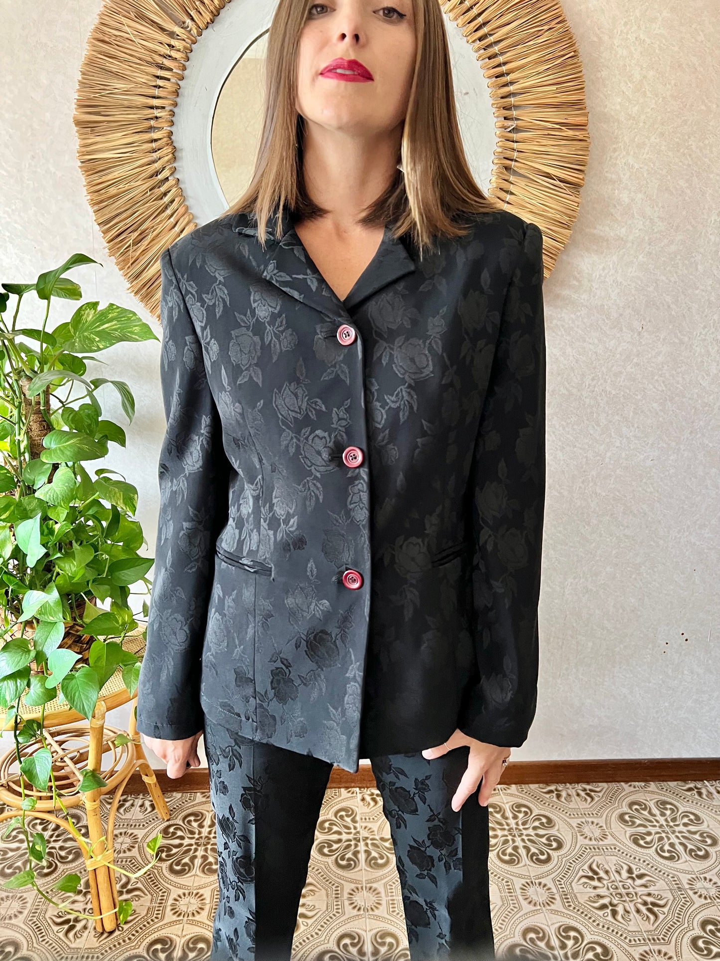 1990's vintage black floral pant suit
