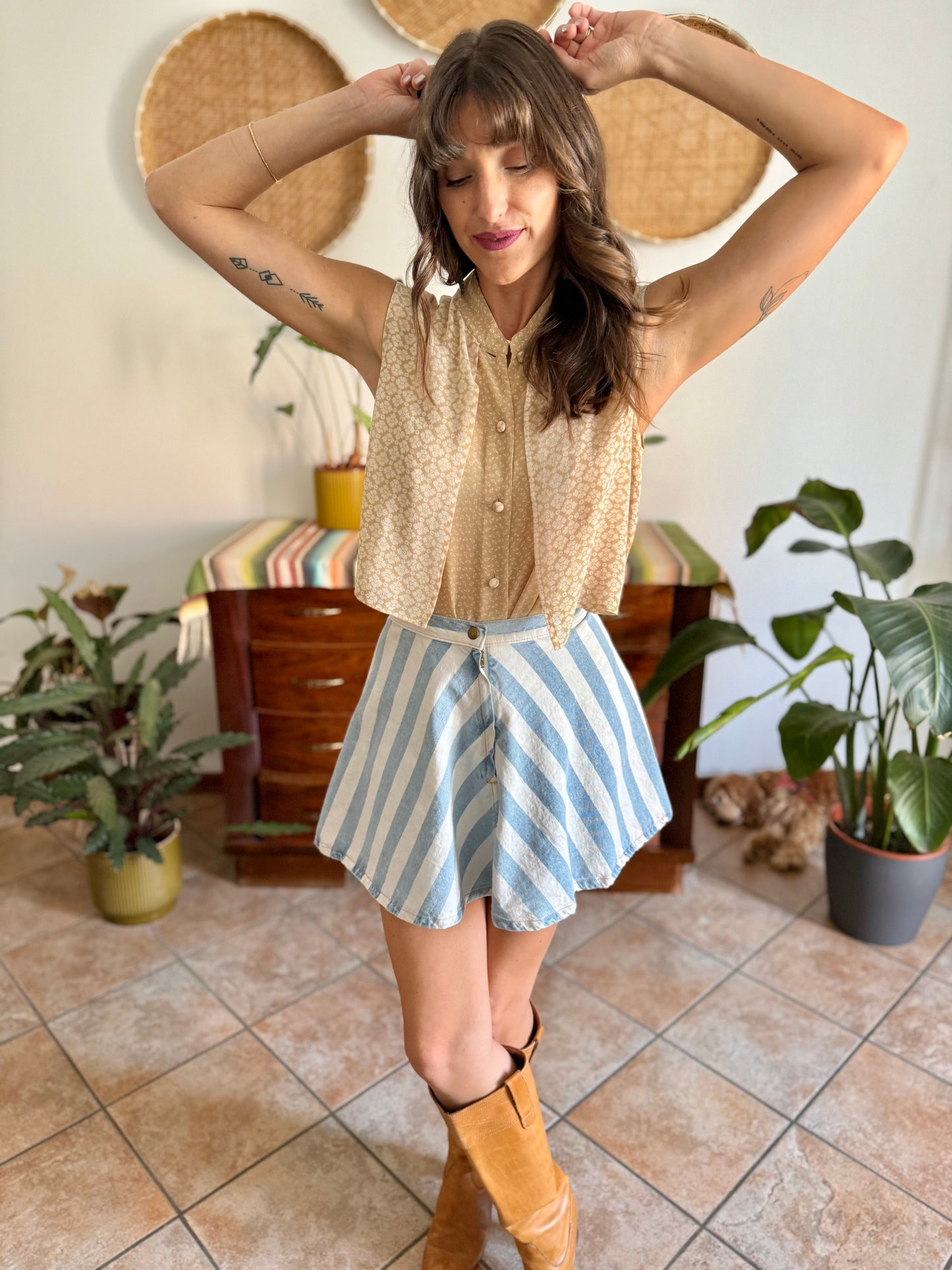1990's vintage double lay beige and cream silk floral print blouse