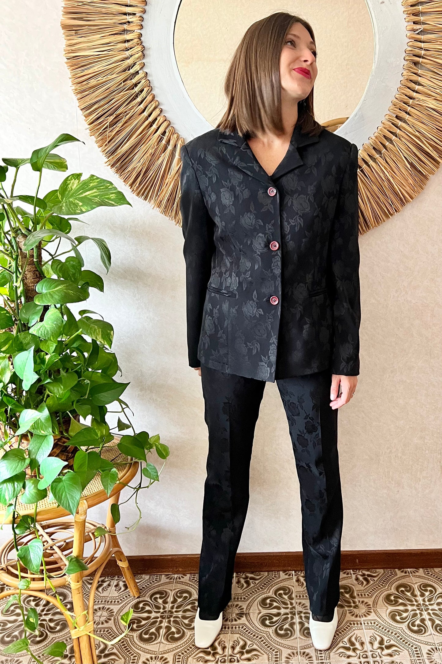 1990's vintage black floral pant suit
