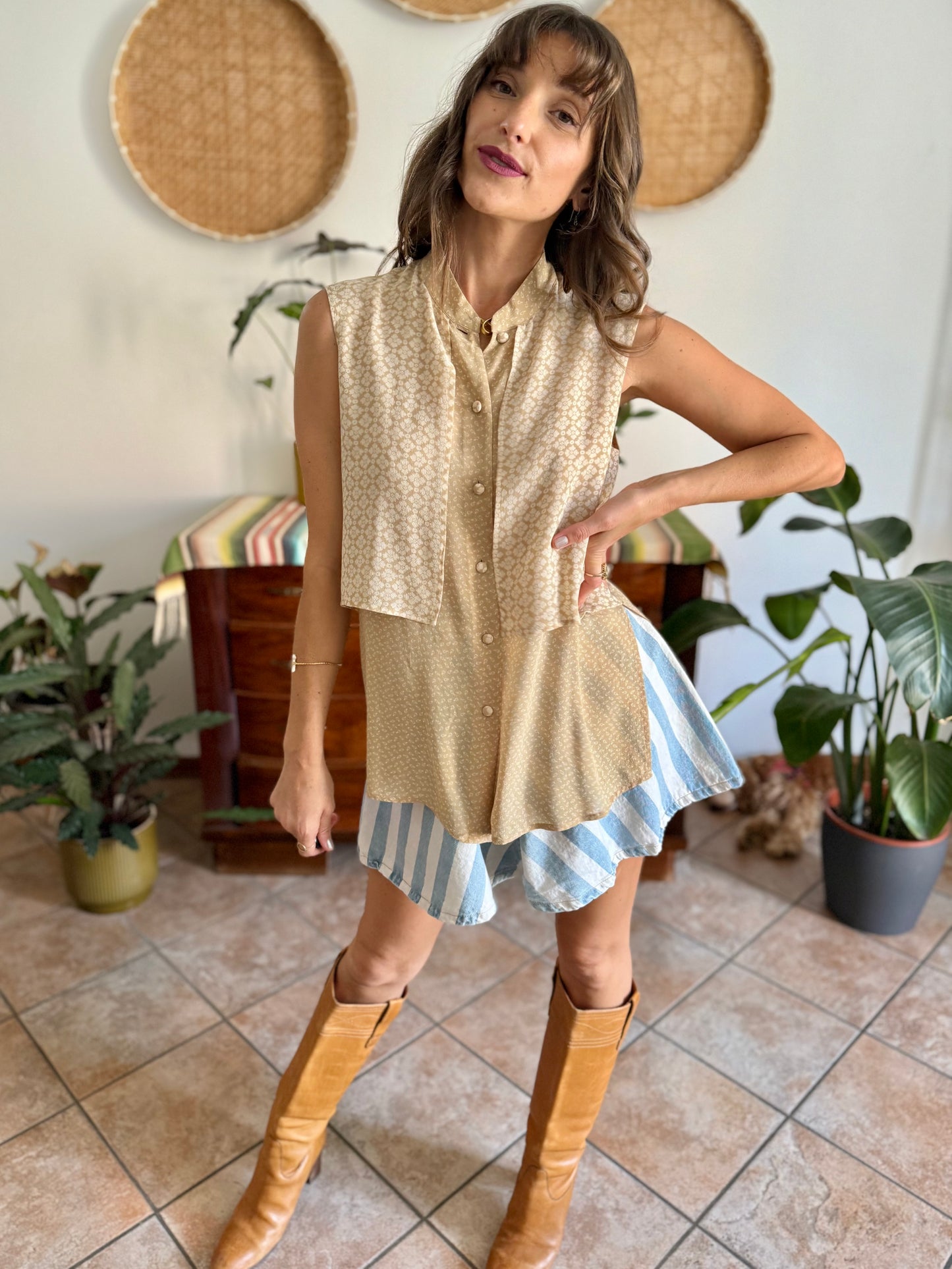 1990's vintage double lay beige and cream silk floral print blouse