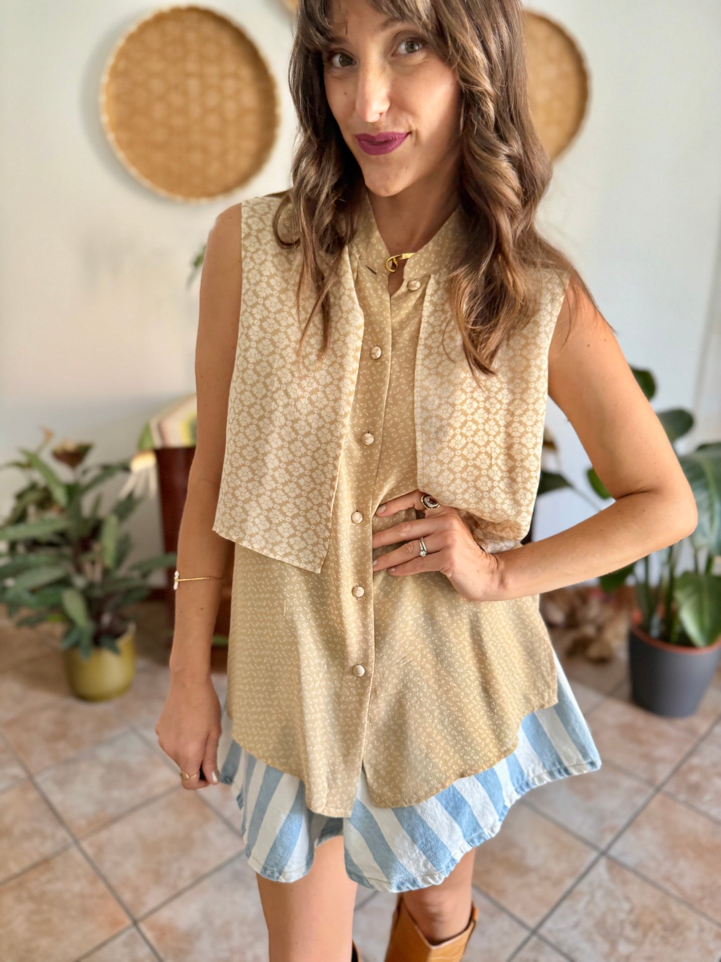 1990's vintage double lay beige and cream silk floral print blouse