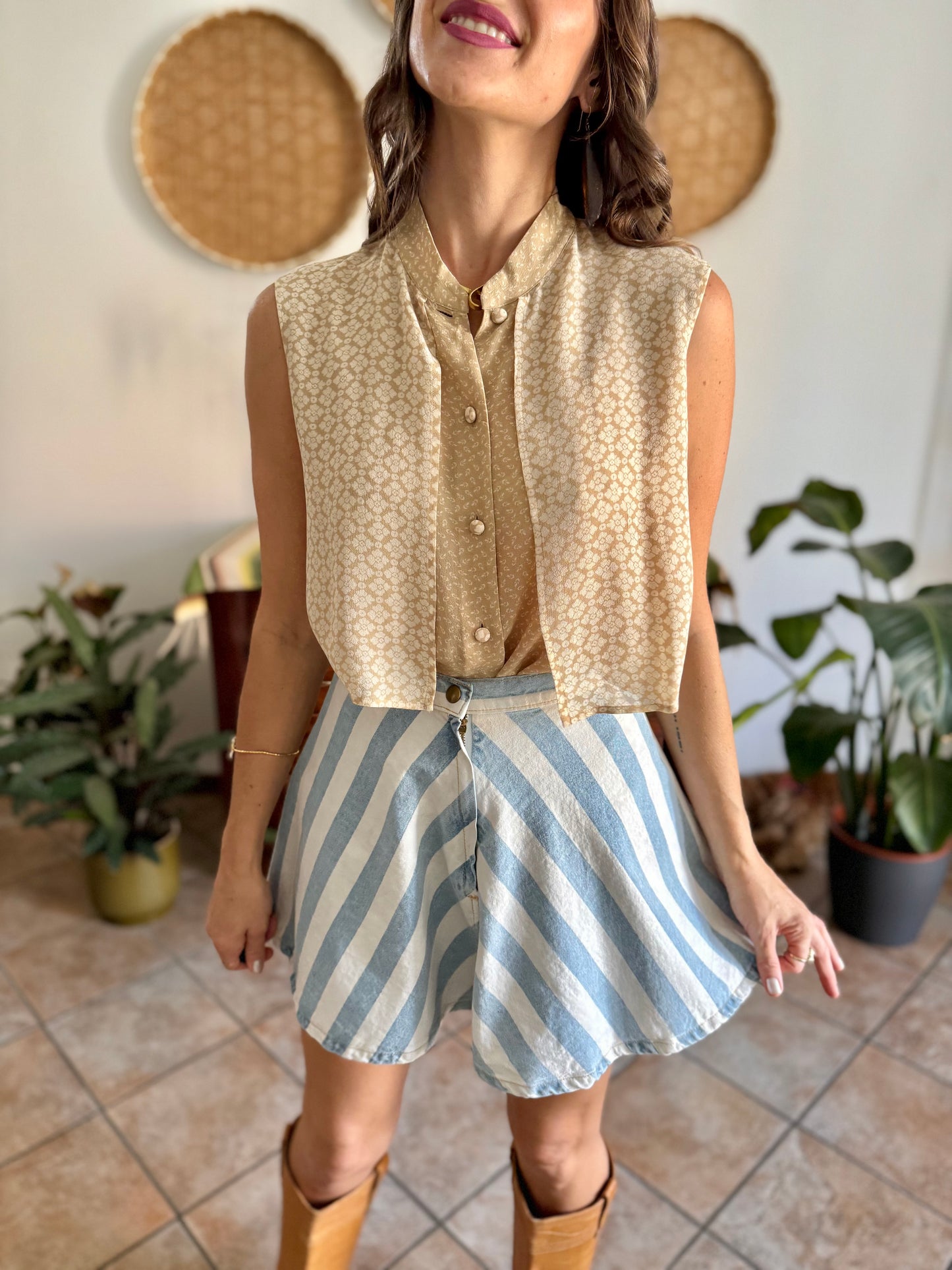 1990's vintage double lay beige and cream silk floral print blouse