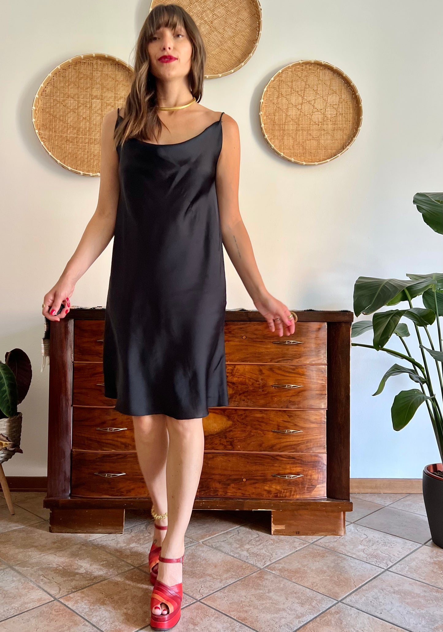 1990's vintage black satin cowl neck midi dress
